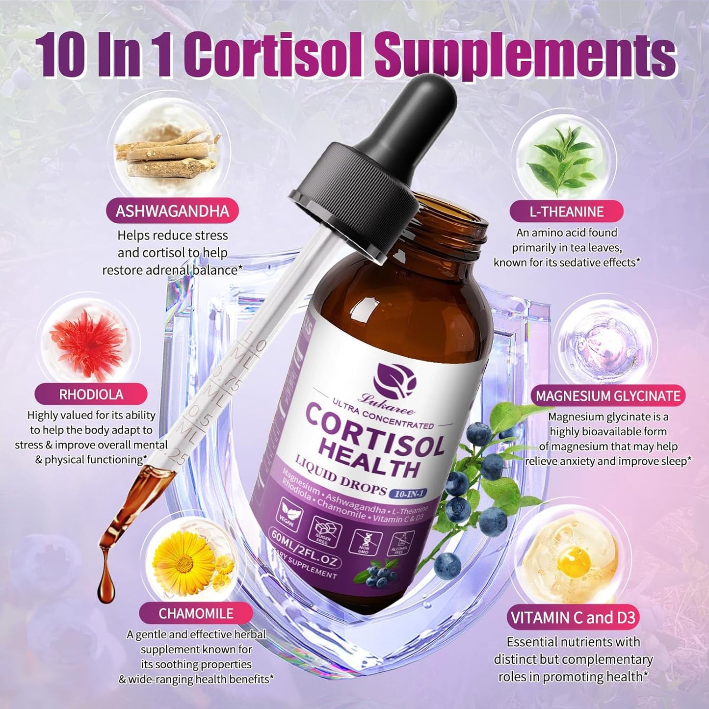 Cortisol Supplement Liquid Drops 10 in 1 Hormone Balance 2 Pack, Blueberry Flavor