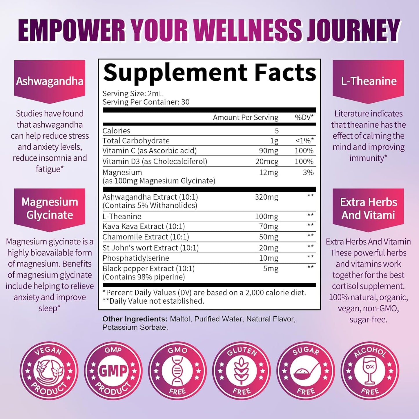 10 in 1 Cortisol Supplement Liquid Drops Hormone Balance, Blueberry Flavor