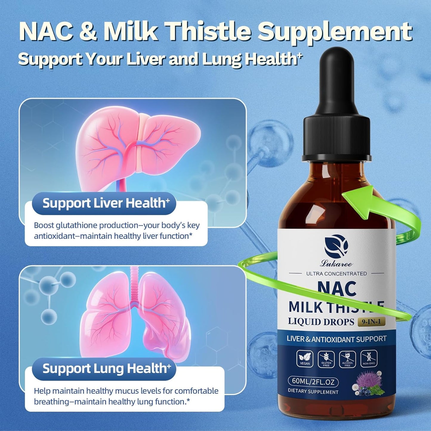 Lukaree Liposomal NAC Supplement – 700mg N-Acetylcysteine with Milk Thistle, L-Theanine & Beet Root | 9-in-1 Vegan Liver, Lung & Immune Support Drops – 2oz