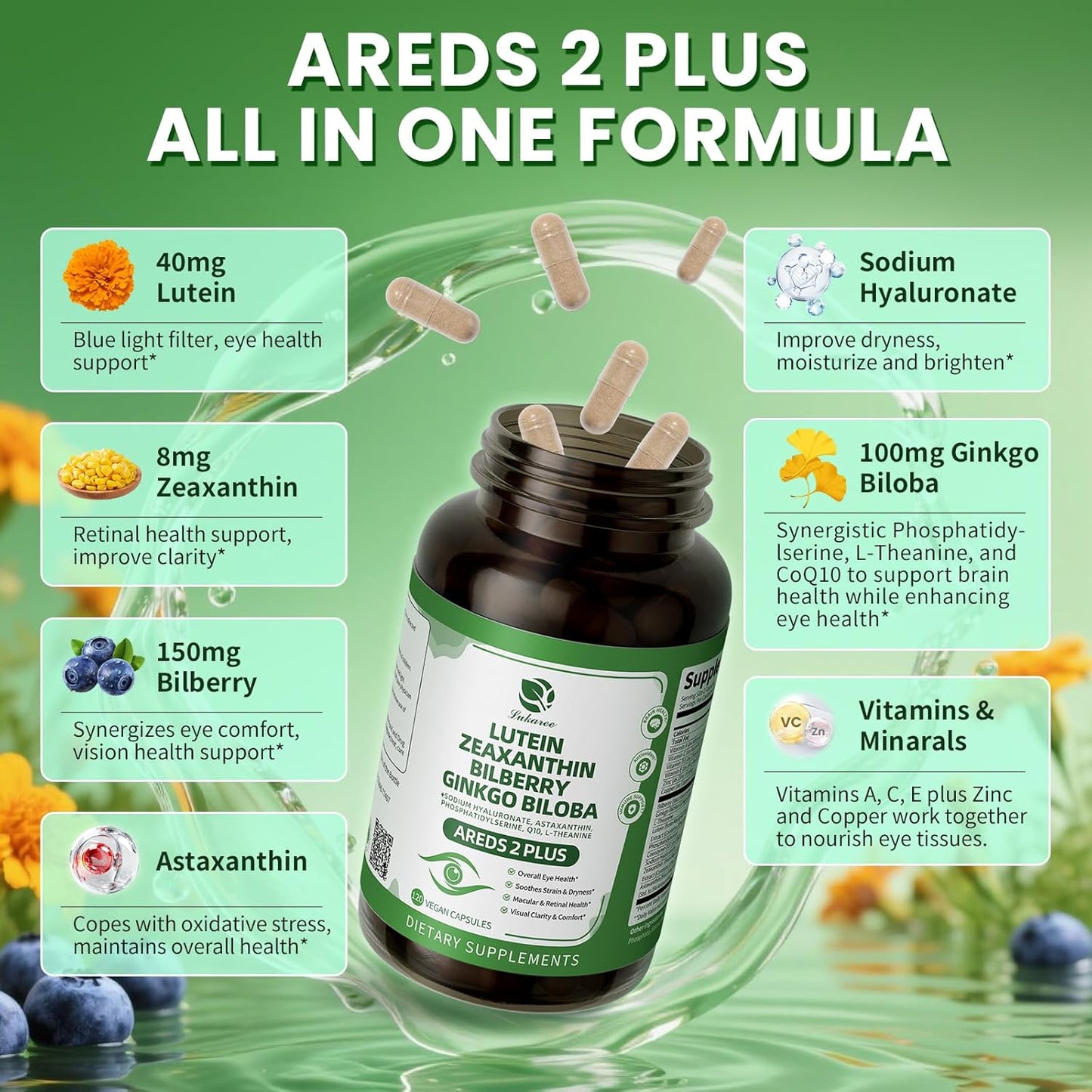 Lutein and Zeaxanthin Supplements – AREDS 2 Eye Vitamins with Bilberry, Astaxanthin, Ginkgo Biloba – Eye & Brain Health Support – 120 Vegan Capsules