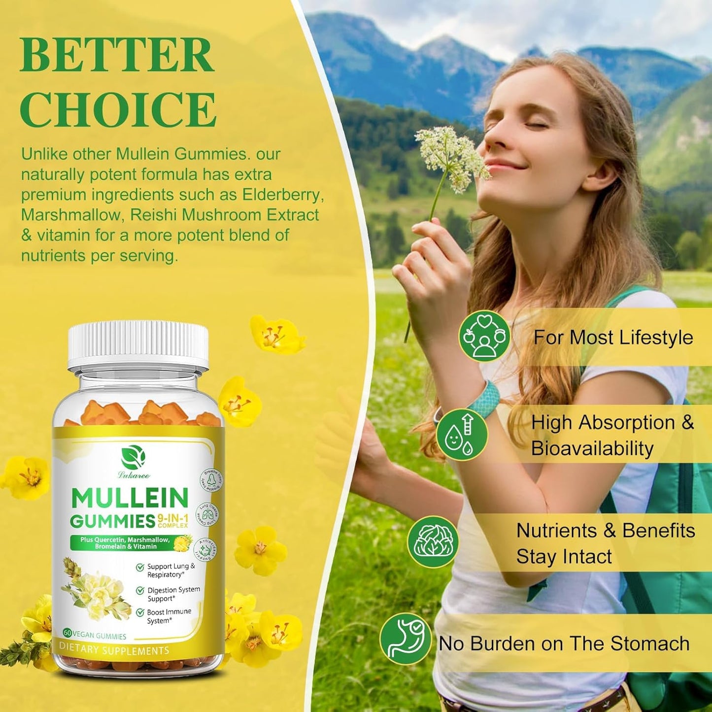 9 in 1 Mullein Gummies for Lung Cleanse, Mullein Leaf Extract with Quercetin, Bromelain, Elderberry & Marshmallow for Respiratory & Immune | 120 Vegan Count (2-Pack)