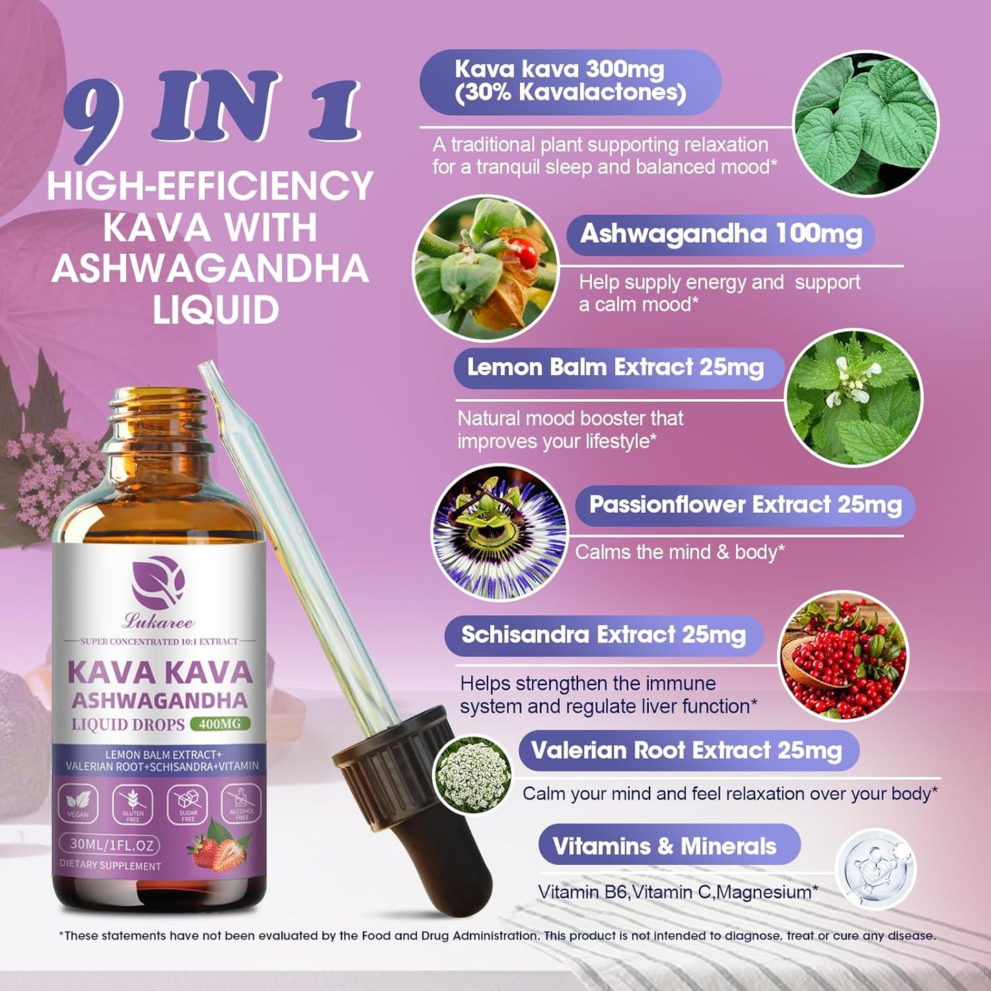 Lukaree Kava Root Extract Supplement 2-Pack – High Strength Kava Drops with Ashwagandha, Lemon Balm, Valerian – Vegan and Alcohol-Free