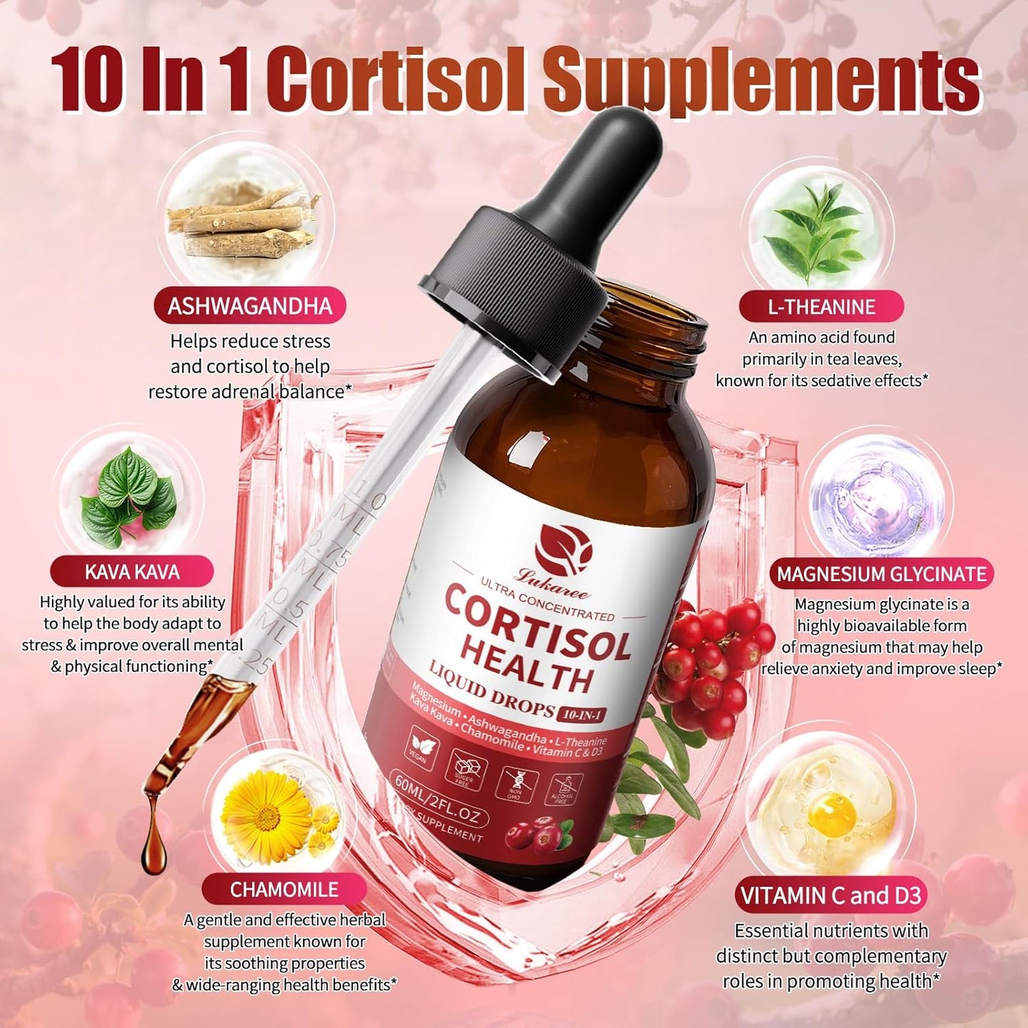 Cortisol Supplement Liquid Drops – 10-in-1 Hormone Balance Support for Women | Stress Relief, Mood & Sleep Support | Fast-Absorbing Cranberry Flavor, 2 FL.OZ