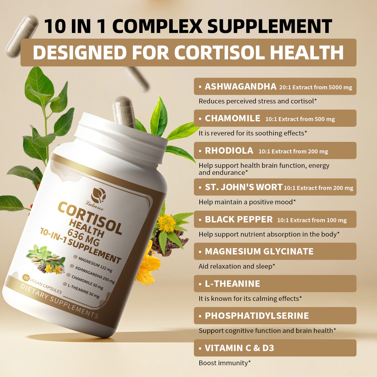 10-in-1 Cortisol Reducer Detox Manager, Cortisol Capsules Vegan Supplement - 90 Ct
