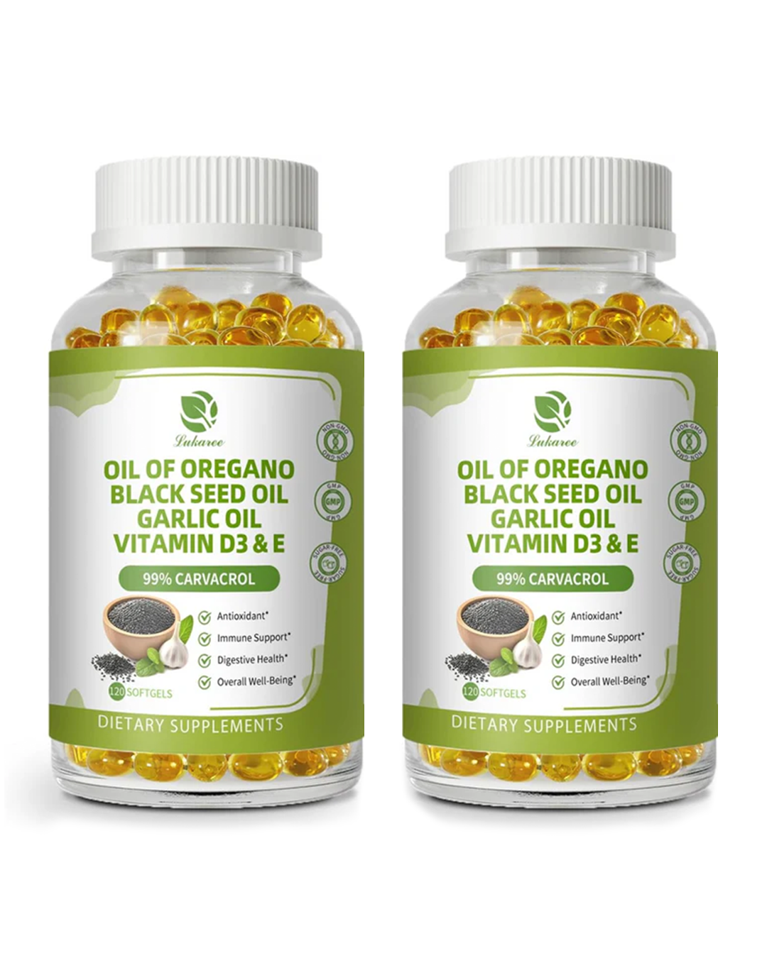 Oregano Oil Capsules with Black Seed Oil, Garlic Oil, Vitamin D3 E, 99% High Concentrated Carvacrol - Antioxidant
