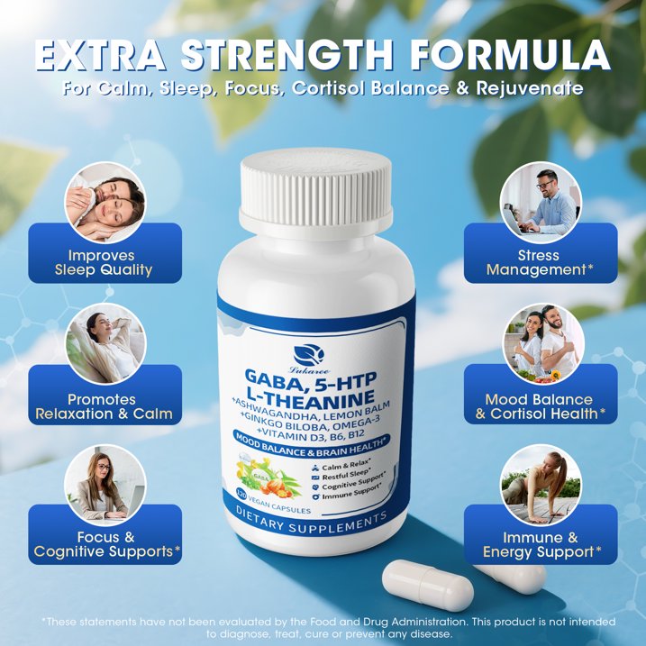 GABA Supplements 750mg with L-Theanine, 5-HTP, Ashwagandha, Lemon Balm, Ginkgo Biloba, Omega-3, GABA Capsules for Sleep, Focus, Mood Support, Cortisol Balance - 60 Day Supply, Melatonin-Free