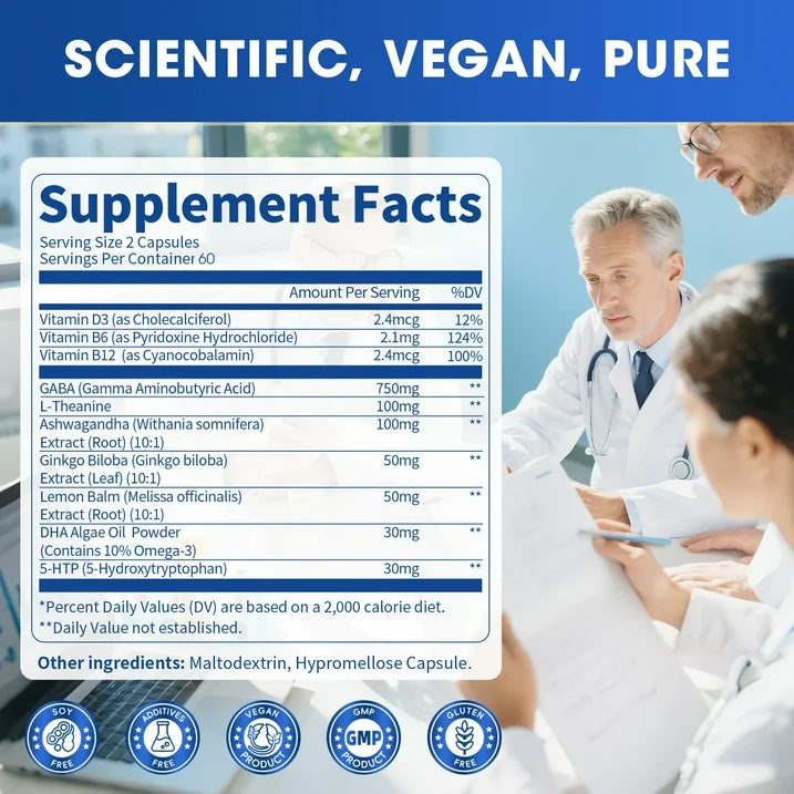 GABA Supplements 750mg with L-Theanine, 5-HTP, Ashwagandha, Lemon Balm, Ginkgo Biloba, Omega-3, GABA Capsules for Sleep, Focus, Mood Support, Cortisol Balance - 60 Day Supply, Melatonin-Free