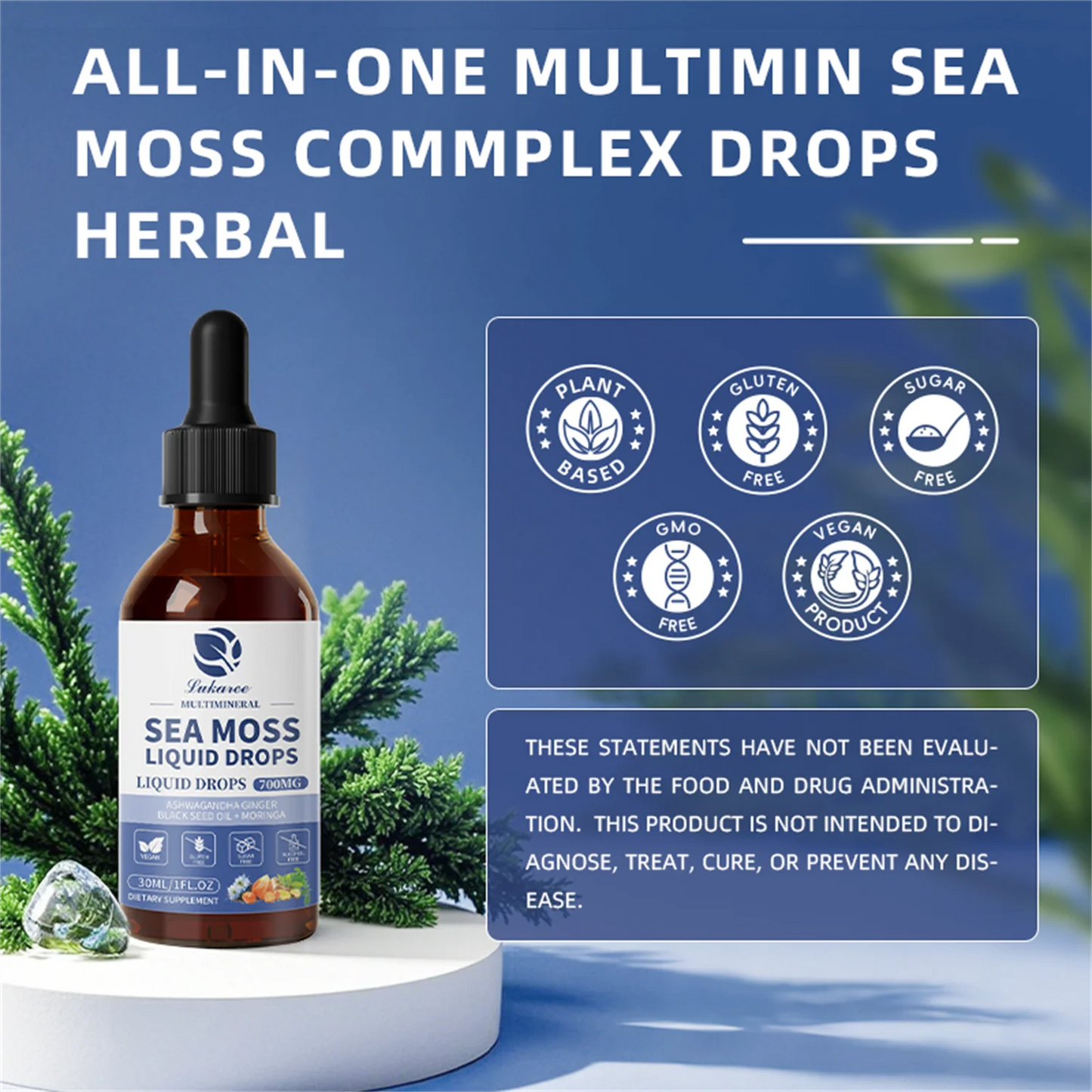 Sea Moss Liquid Drops – Irish Sea Moss with Ashwagandha, Moringa, Black Seed, Mullein Leaf, Chlorophyllin, Elderberry Extract | 2 Fl Oz