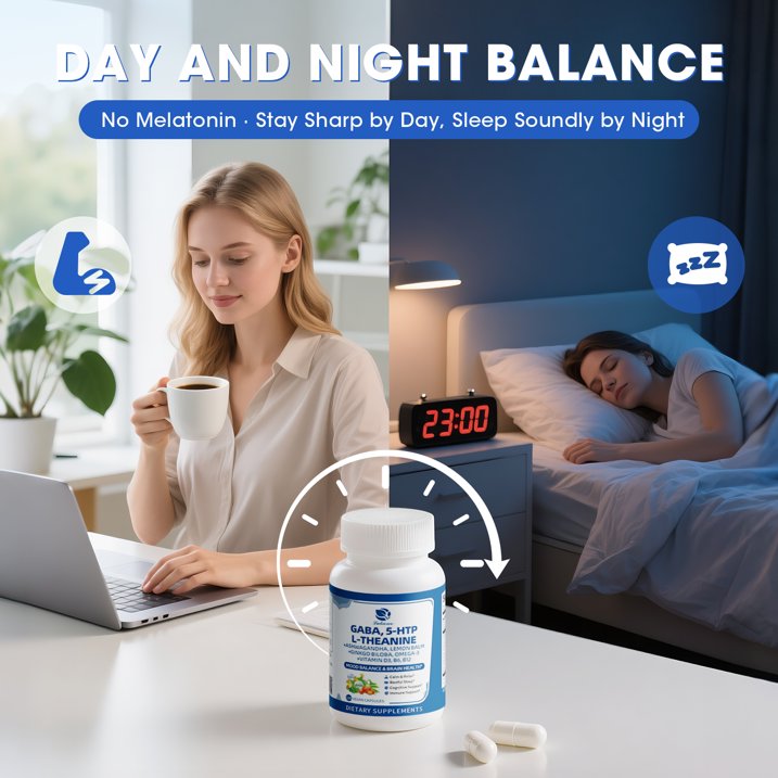GABA Supplements 750mg with L-Theanine, 5-HTP, Ashwagandha, Lemon Balm, Ginkgo Biloba, Omega-3, GABA Capsules for Sleep, Focus, Mood Support, Cortisol Balance - 60 Day Supply, Melatonin-Free