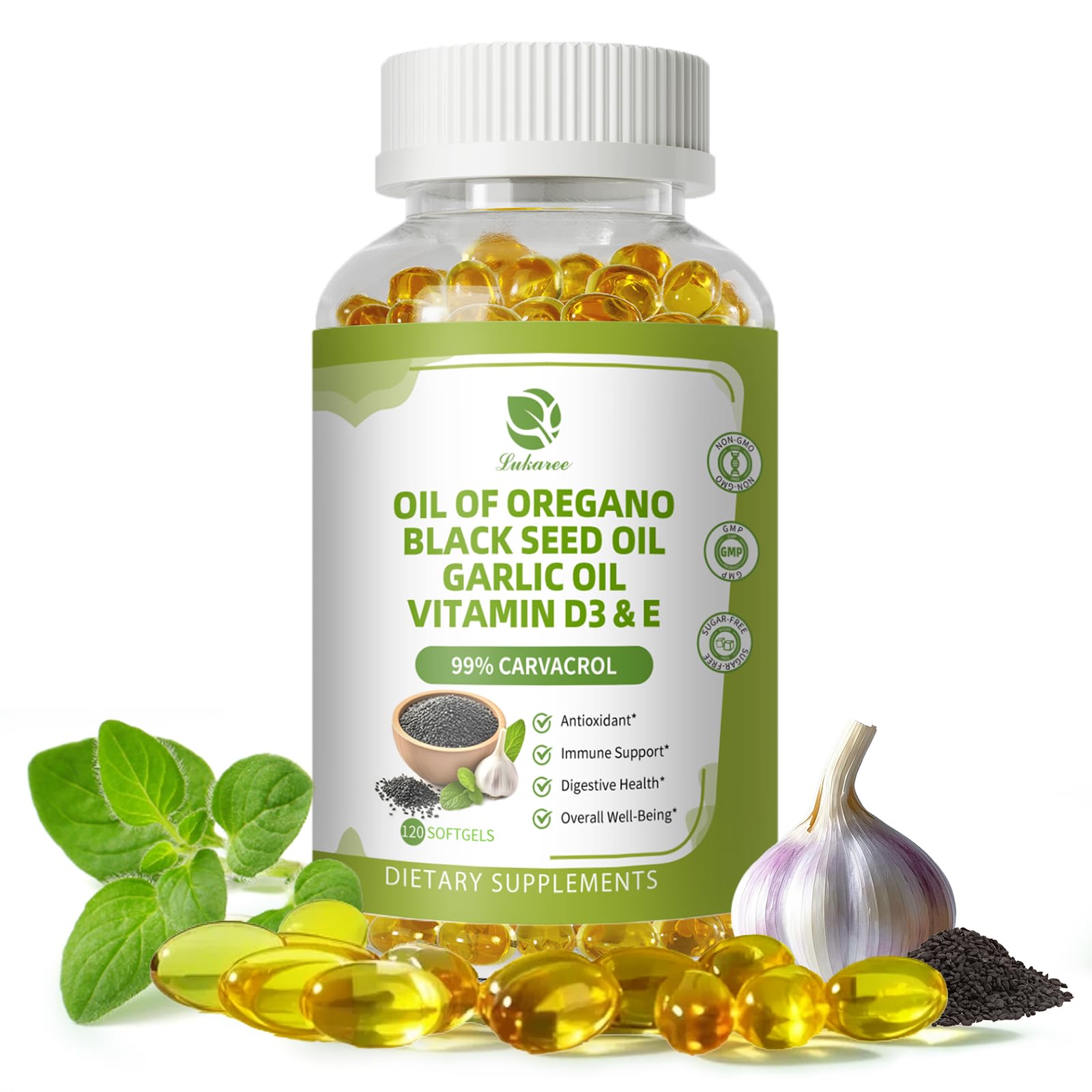 Lukaree Organic Oregano Oil Capsules with Black Seed & Garlic Oils, 99% Carvacrol  – Antioxidant, Immune & Digestive Support