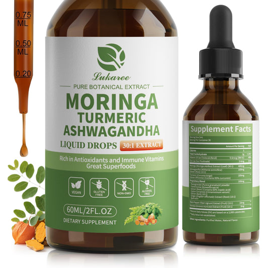 12-in-1 Lipsomal Moringa Leaf Drops with Ashwagandha Turmeric Quercetin, 98% Absorption & 30:1 Pure Moringa Extract for Energy Immune Joint Digestive Support, Vegan Non-GMO Gluten-Free