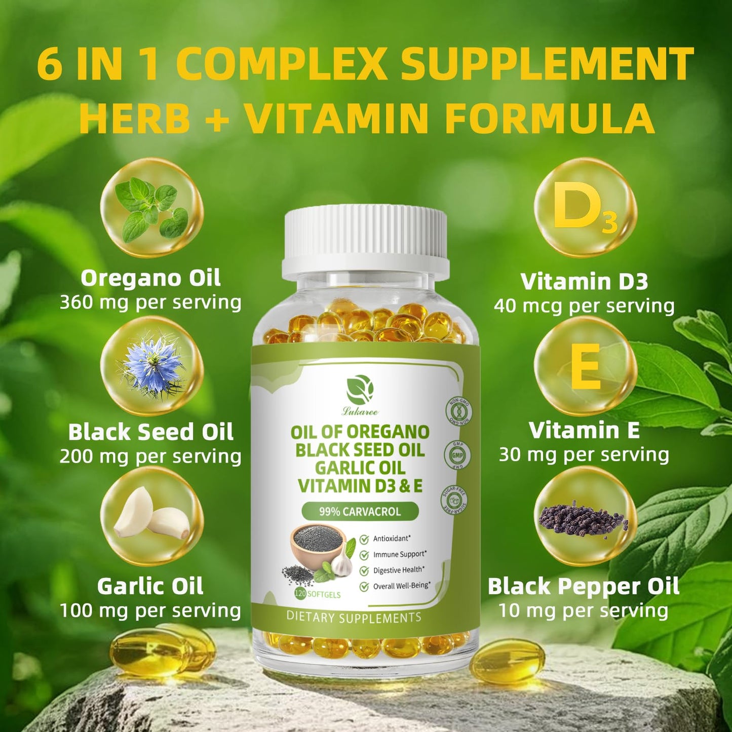Lukaree Organic Oregano Oil Capsules with Black Seed & Garlic Oils, 99% Carvacrol, Vitamins D3 & E