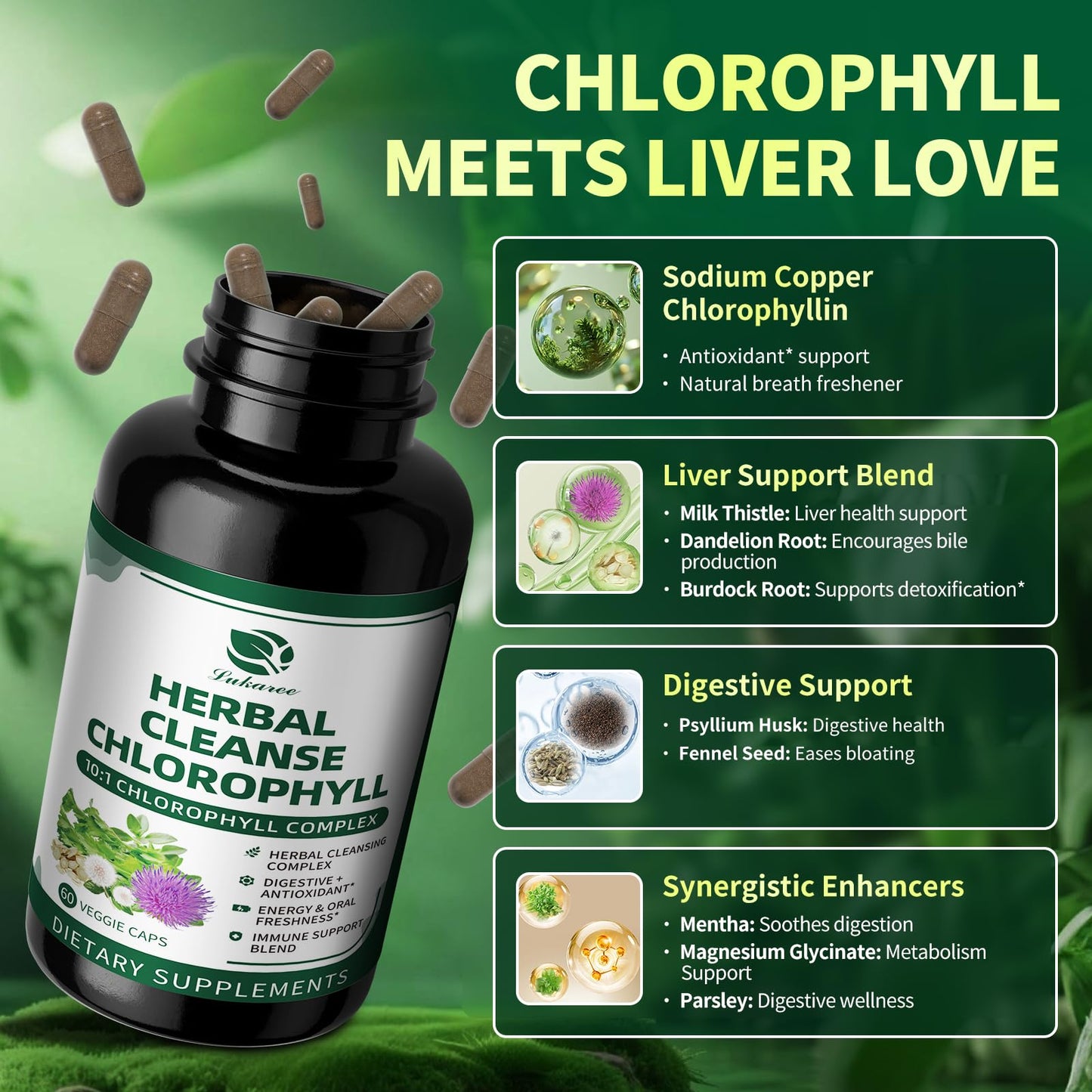 Chlorophyll Herbal Complex Capsules for Detox, Digestion, Gut & Skin Health, Energy & Immune Support-60 CT