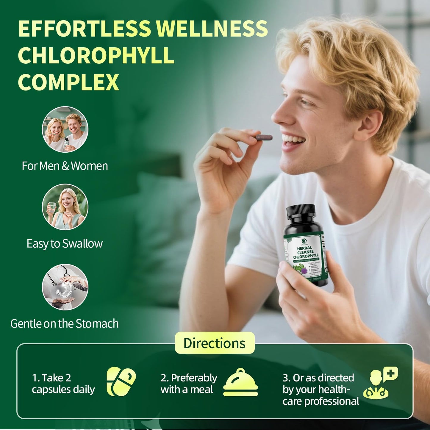Chlorophyll Herbal Complex Capsules for Detox, Digestion, Gut & Skin Health, Energy & Immune Support-60 CT