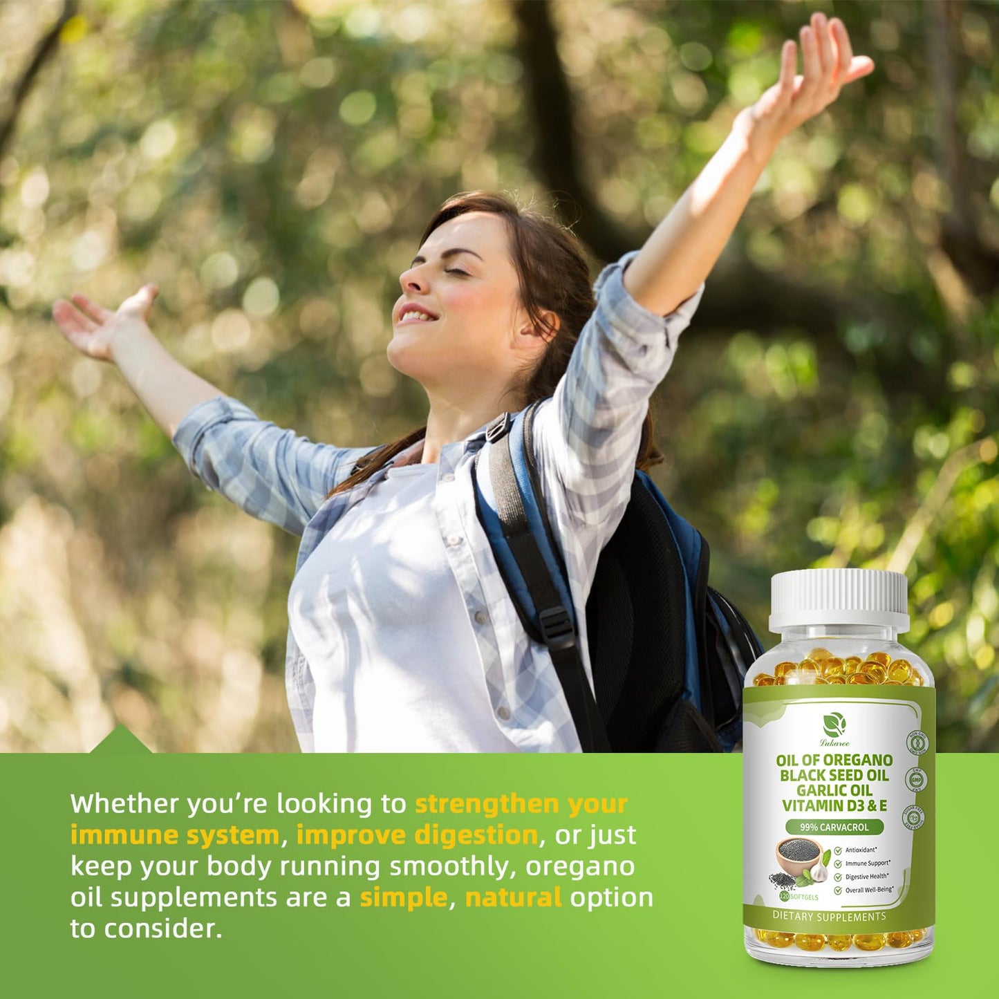 Oregano Oil Capsules Organic with Black Seed Oil, Garlic Oil, Vitamin D3 E, 99% High Concentrated Carvacrol - Antioxidant - Lukaree