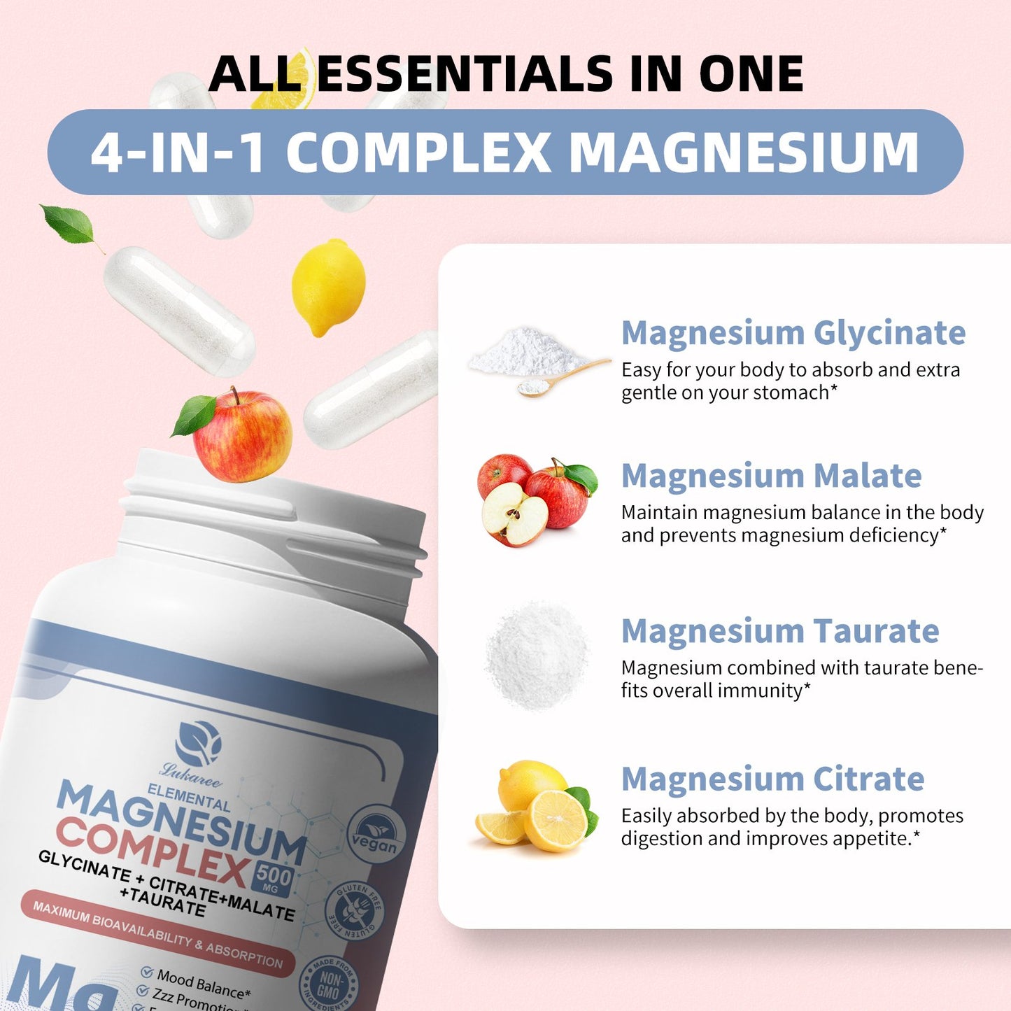 Magnesium Complex Supplement 500mg - High Absorption Chelated Magnesium Glycinate, Malate, Taurate, Citrate & Herbal Extracts - 120 Vegan Non-GMO Capsules for Balanced Wellness and Relaxation - Lukaree