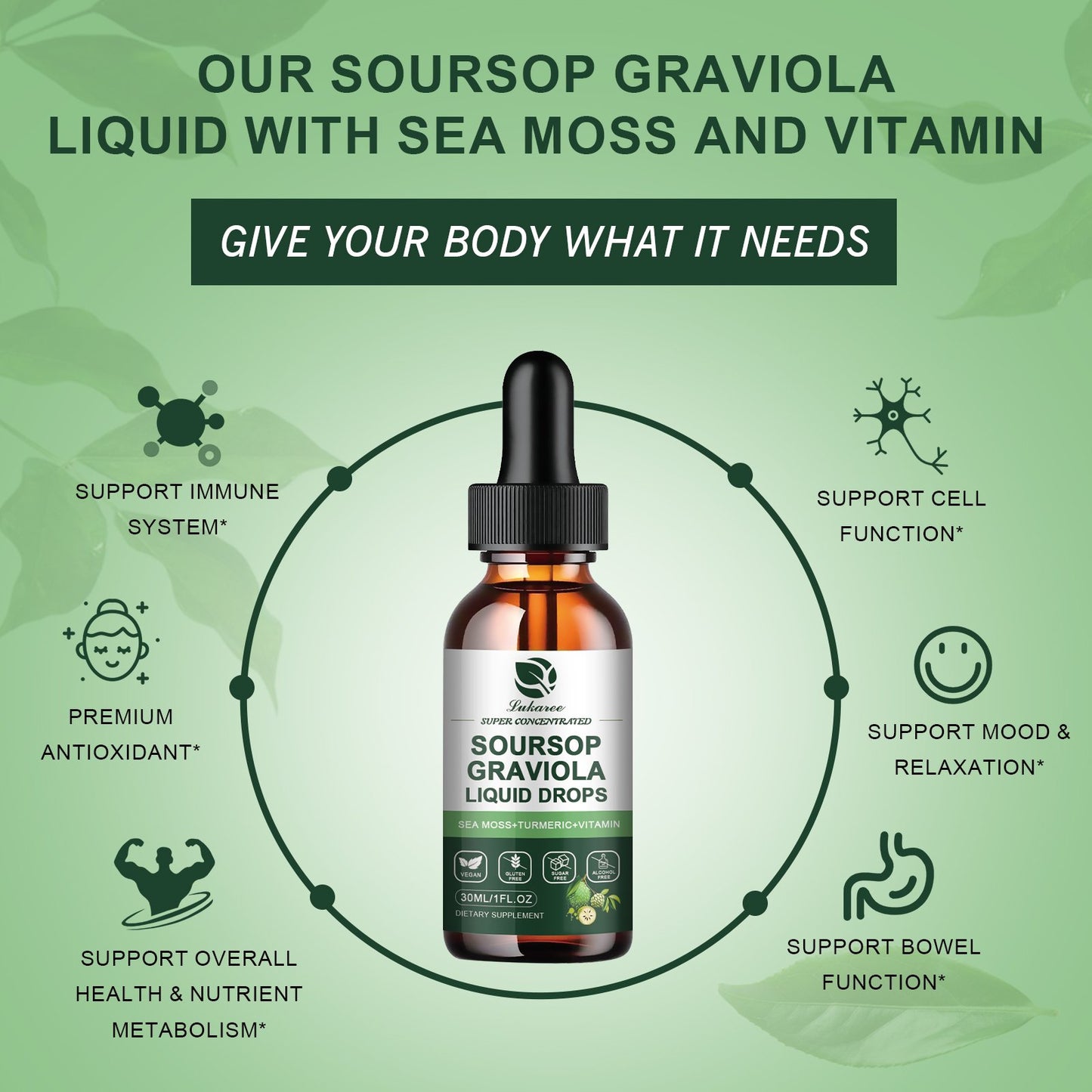 Soursop Graviola Leaf Extract Liquid Drop, High Absorption Soursop Bitters Liquid for Cell Support & Regeneration, Immune Boost, Liver and Sleep, Herbal Goodness, Sugar Free, 30 ml/1 oz