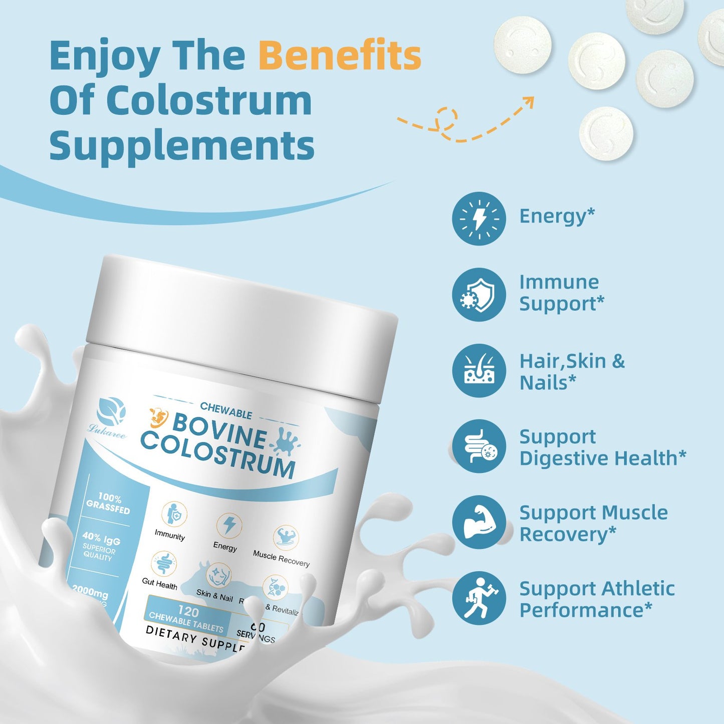 Lukaree Bovine Colostrum Tablets Chewable Supplement for Immune Support
