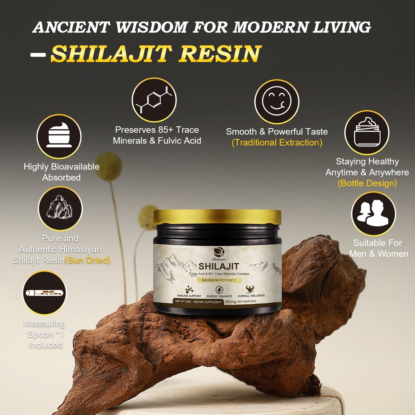600 Mg Himalayan Shilajit Resin, Shilajit Pure Himalayan Organic, Shilajit Supplement with Purity, High Dosage & Potency for Energy, Strength & Immunity, Men & Women, 60 Grams, 100 Serving