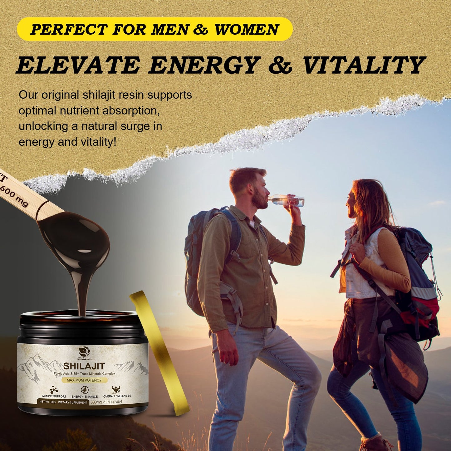 600 Mg Himalayan Shilajit Resin, Shilajit Pure Himalayan Organic, Shilajit Supplement with Purity, High Dosage & Potency for Energy, Strength & Immunity, Men & Women, 60 Grams, 100 Serving