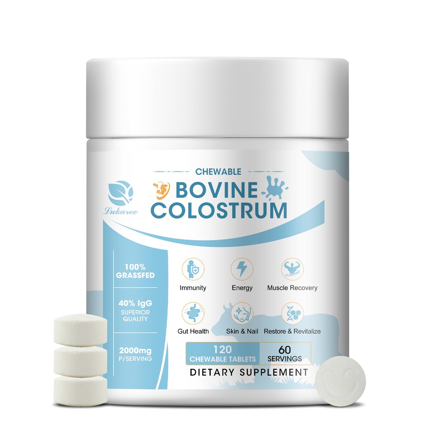 Lukaree Bovine Colostrum Tablets Chewable Supplement for Immune Support