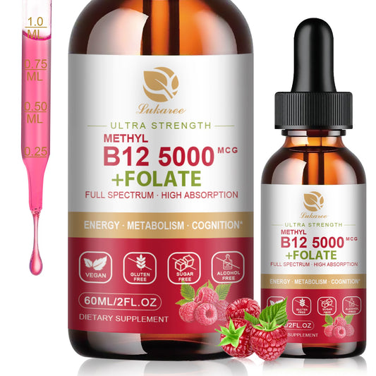 Vitamin B12 Sublingual Drops Vegan B12 Vitamins Liquid - 5000 mcg Methylcobalamin, 3000 mcg Adenosyl & 2000 mcg Hydroxy B12, Energy, Focus, Mood & Immune Support - 2 Month Supply, 2 fl oz - Lukaree