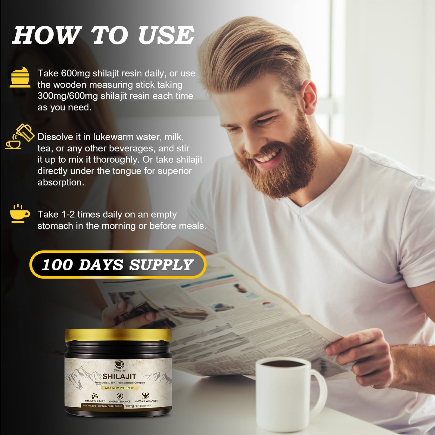 600 Mg Himalayan Shilajit Resin, Shilajit Pure Himalayan Organic, Shilajit Supplement with Purity, High Dosage & Potency for Energy, Strength & Immunity, Men & Women, 60 Grams, 100 Serving
