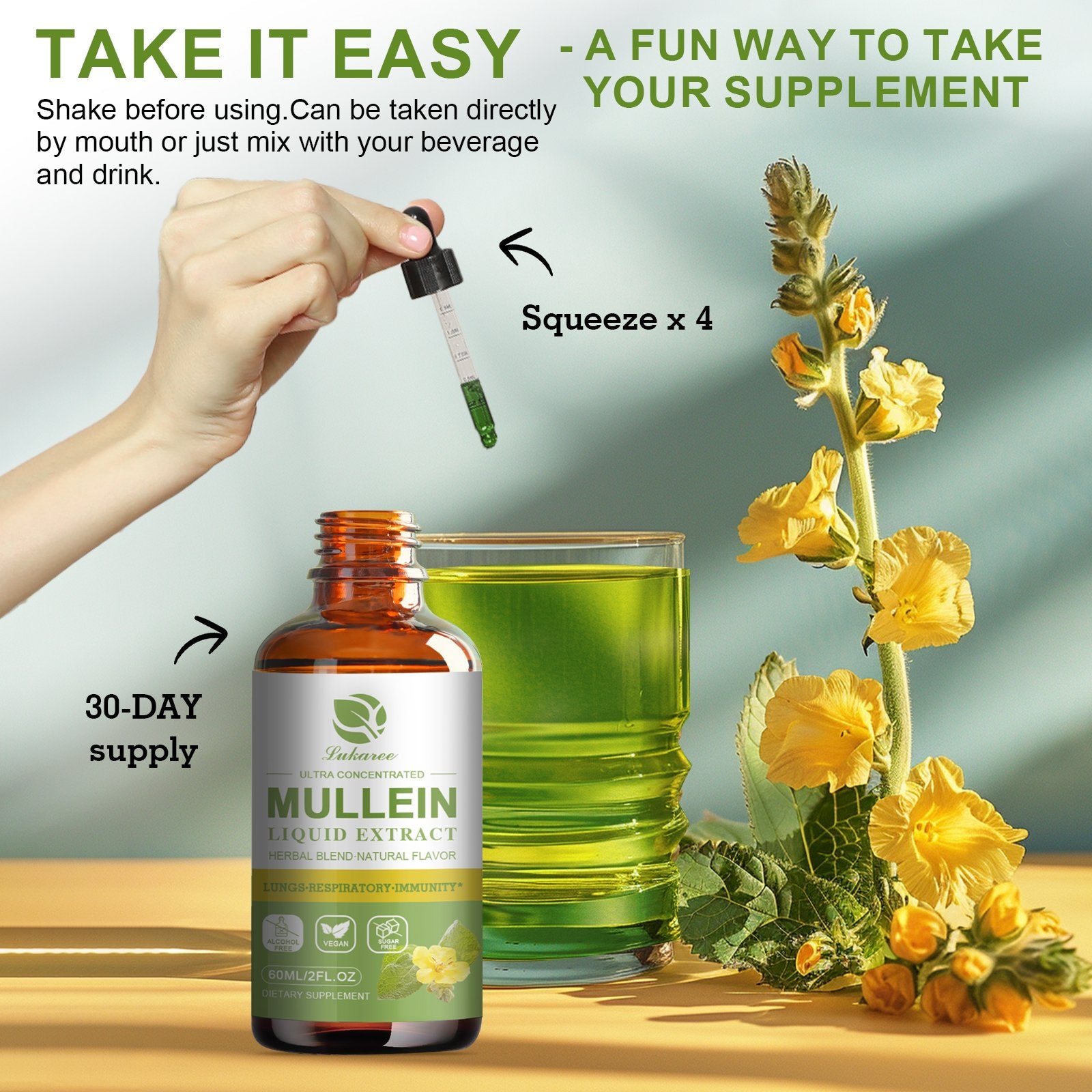 Mullein Drops for Lungs, Lung Detox & Cleanse, Vegan Mullein Leaf Extract Tincture with Chlorophyll Elderberry, etc, Natural Herbal Supplement for Respiratory, Immune, 60 Servings - Lukaree