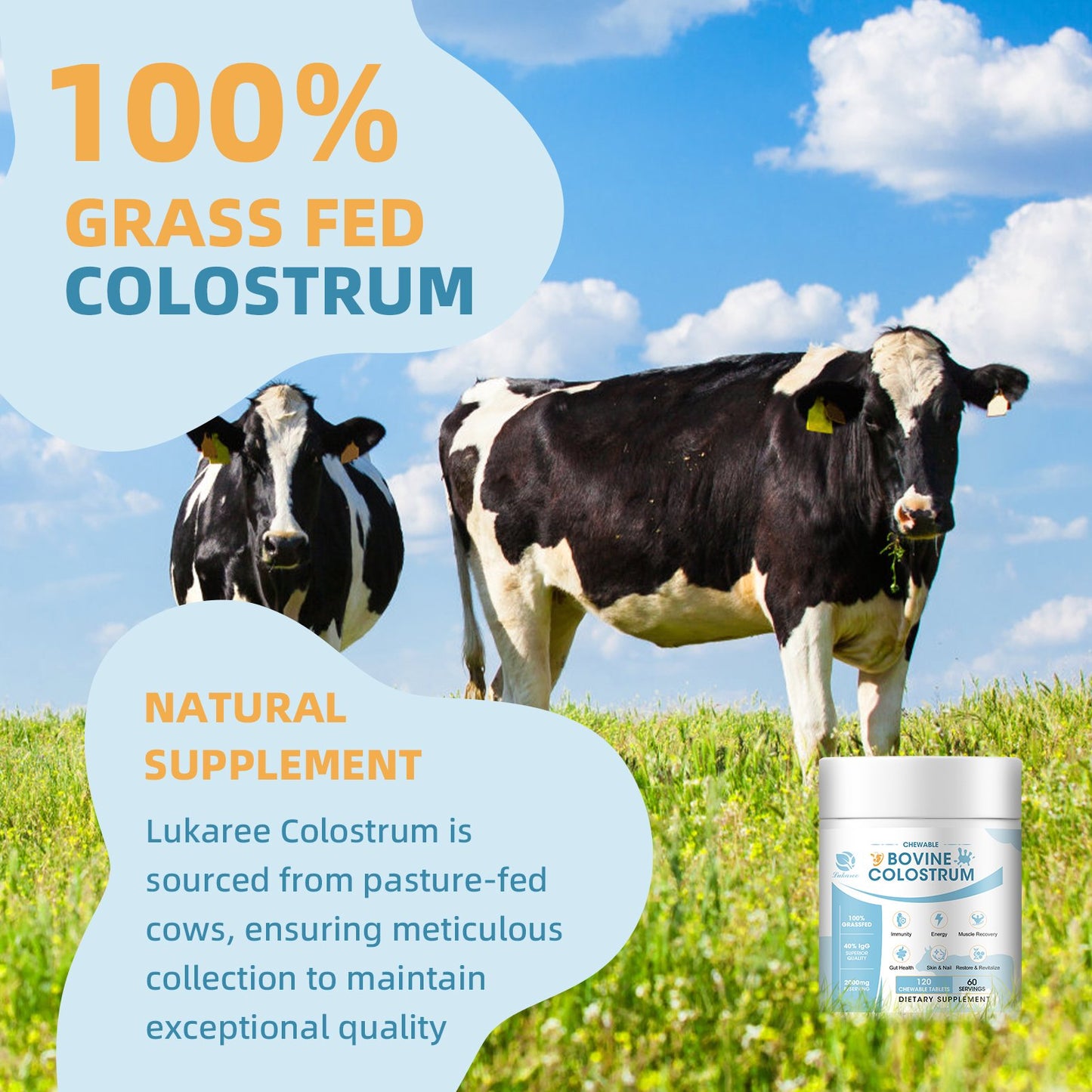 Lukaree Bovine Colostrum Tablets Chewable Supplement for Immune Support