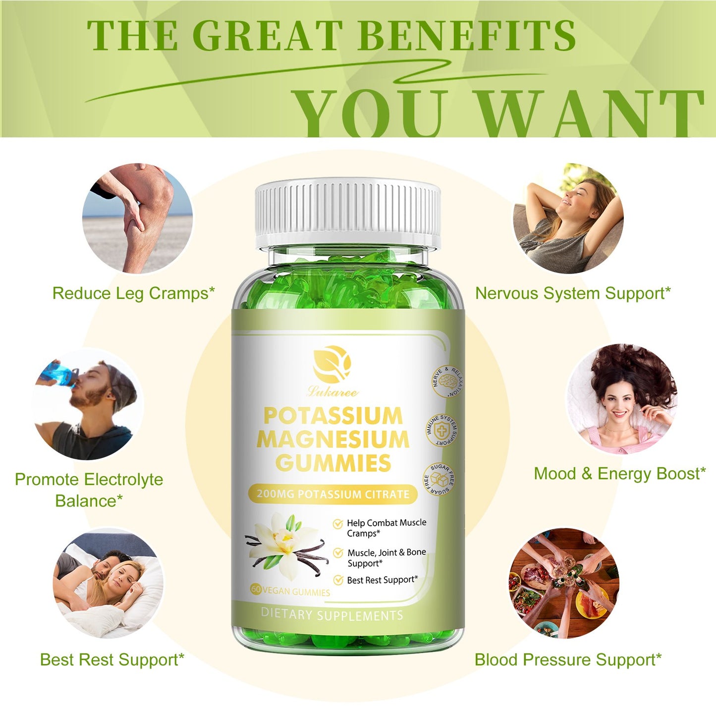 Magnesium Potassium Supplement Gummies - New Flavor Calm Magnesium Glycinate Gummies 500mg & Potassium Citrate 200mg Plus Omega 3, B6, D3, K2 & Calcium for Zzz, Leg Cramps & Muscle - 120 Gummies