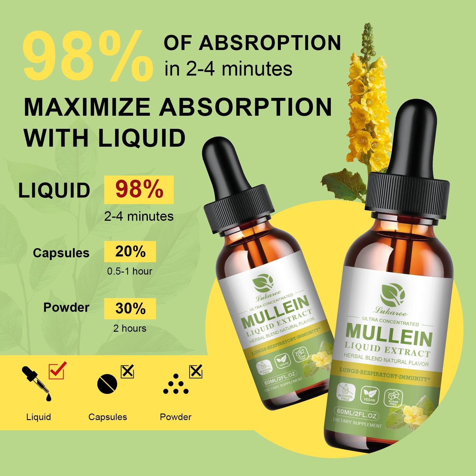 Lukaree Mullein Drops for Lungs – 10:1 Mullein Leaf Extract Tincture with Elderberry, Chlorophyll & Herbs for Lung Detox, Respiratory & Immune Support, Vegan