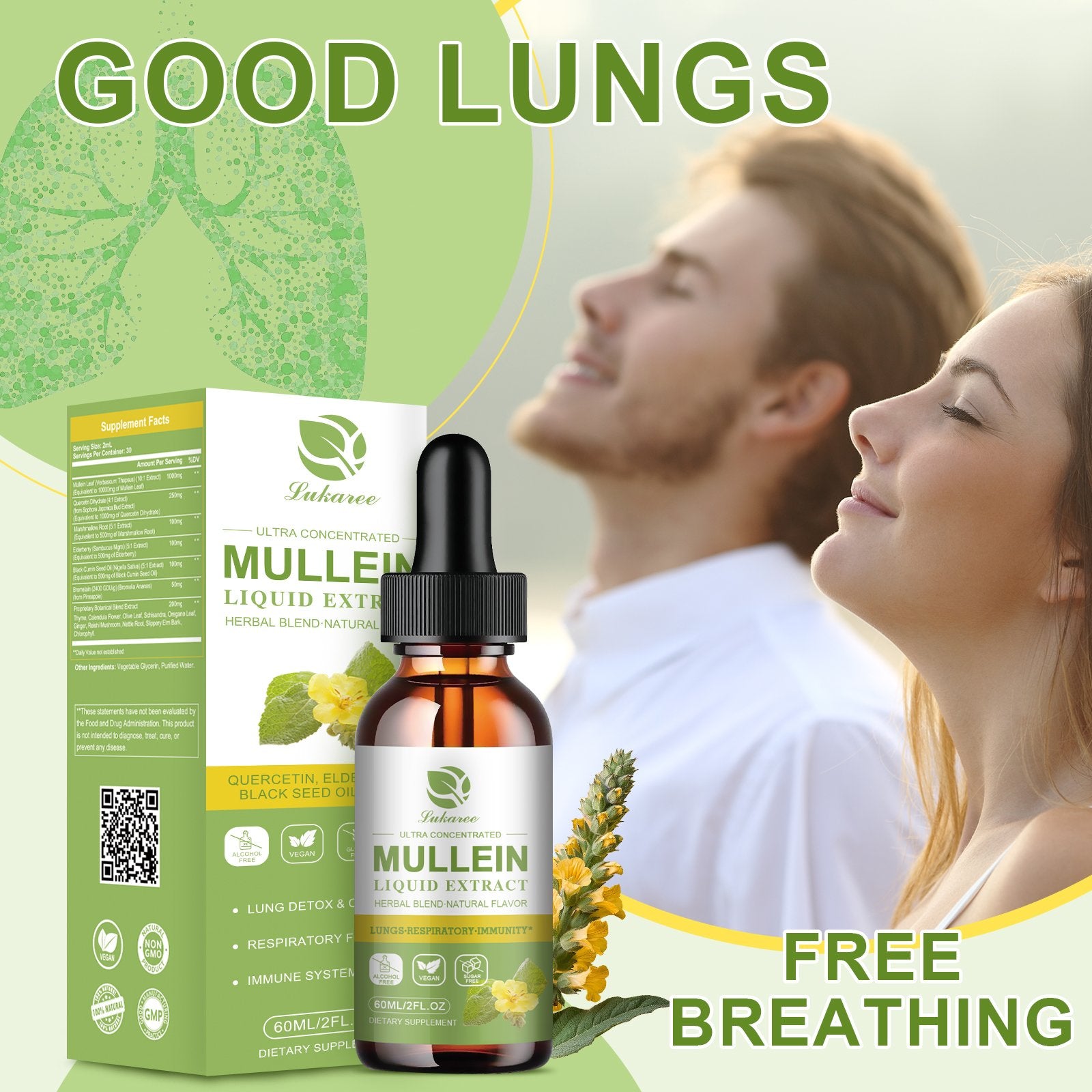Mullein Drops for Lungs, Lung Detox & Cleanse, Vegan Mullein Leaf Extract Tincture with Chlorophyll Elderberry, etc, Natural Herbal Supplement for Respiratory, Immune, 60 Servings - Lukaree