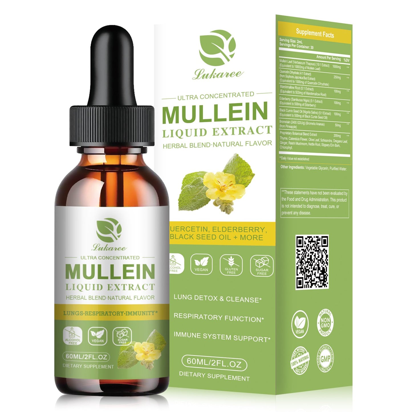 Lukaree Mullein Drops for Lungs – 10:1 Mullein Leaf Extract Tincture with Elderberry, Chlorophyll & Herbs for Lung Detox, Respiratory & Immune Support, Vegan