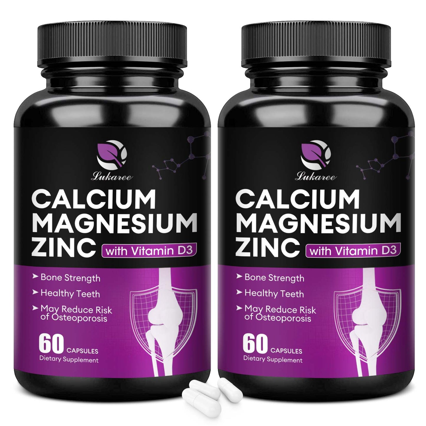 Calcium Magnesium Zinc with Vitamin D3 Supplement, Promotes Healthy Bones and Teeth - Supports Nerve & Muscle Function, Easy to Swallow Capsules, 60 Servings, 120 VegCaps