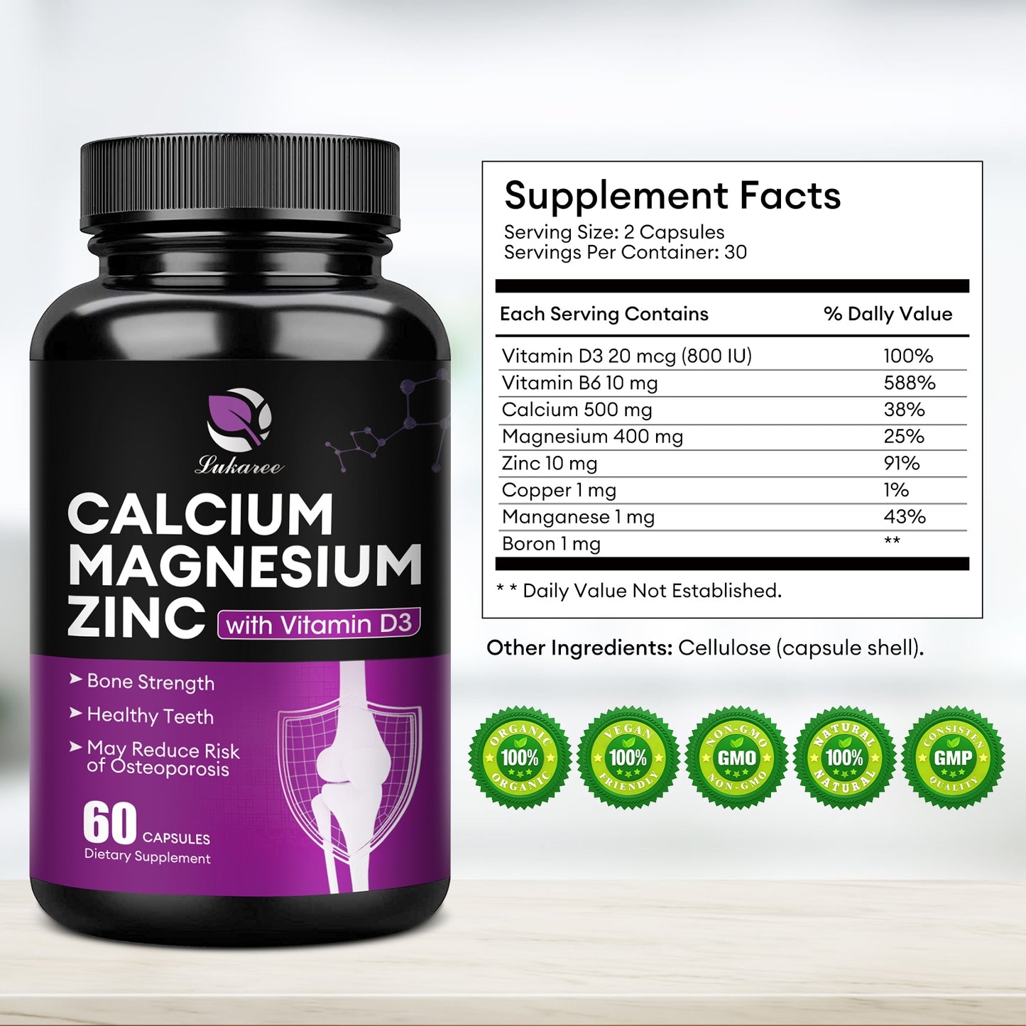 Calcium Magnesium Zinc with Vitamin D3 Supplement, Promotes Healthy Bones and Teeth - Supports Nerve & Muscle Function, Easy to Swallow Capsules, 60 Servings, 120 VegCaps