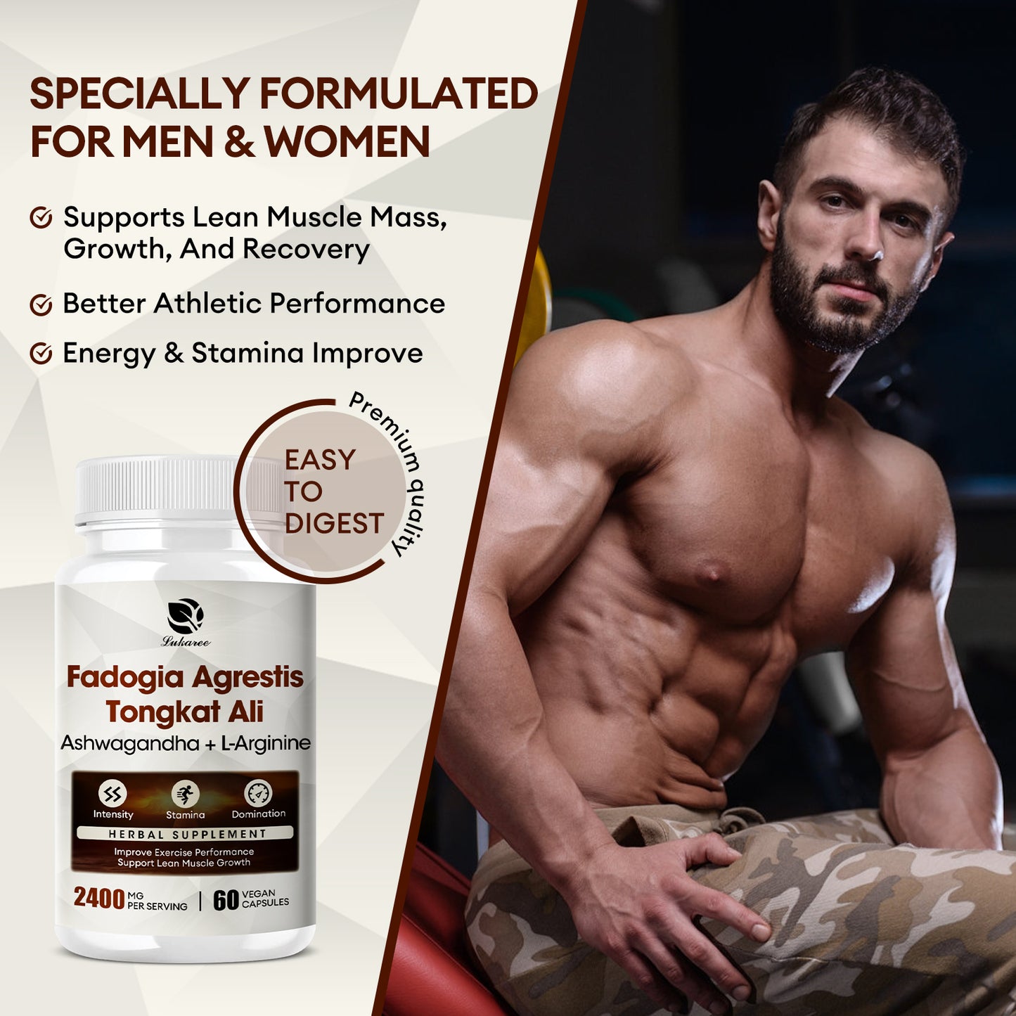 Lukaree 2400mg Fadogia Agrestis & Tongkat Ali with Ashwagandha, L-Arginine and Zinc, Support Energy and Endurance for Fitness and Sport, Gluten Free, Non-GMO, 120 Veg Caps, 40 Servings