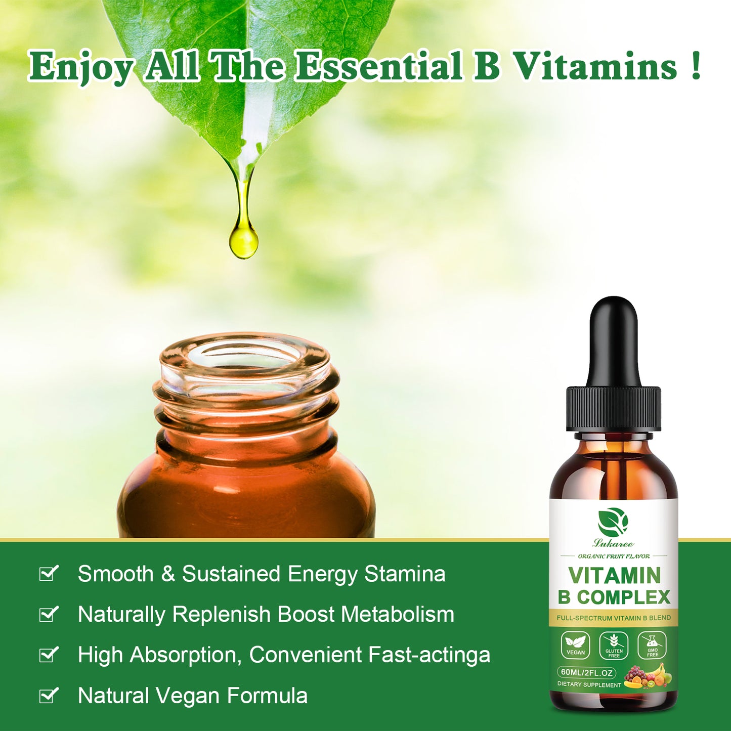 Vitamin B Complex Liquid Drops, Sublingual B Complex Vitamin Supplement for Men, Women, Vegan, Best for Healthy Hair Skin Nails, Include B3, B6, B7, B9, B12, Non-GMO, Gluten Free, 2 Fl Oz