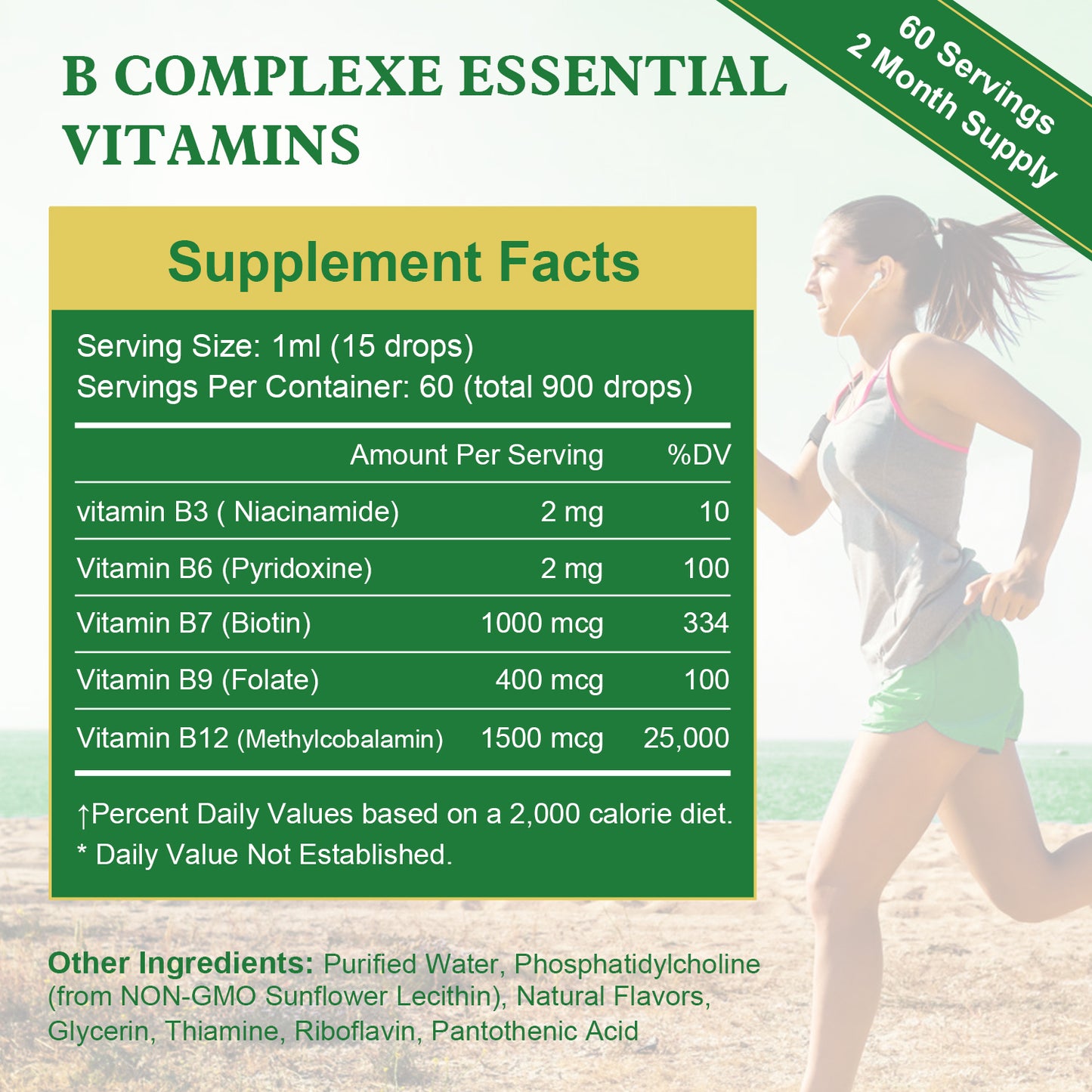 Vitamin B Complex Liquid Drops, Sublingual B Complex Vitamin Supplement for Men, Women, Vegan, Best for Healthy Hair Skin Nails, Include B3, B6, B7, B9, B12, Non-GMO, Gluten Free, 2 Fl Oz