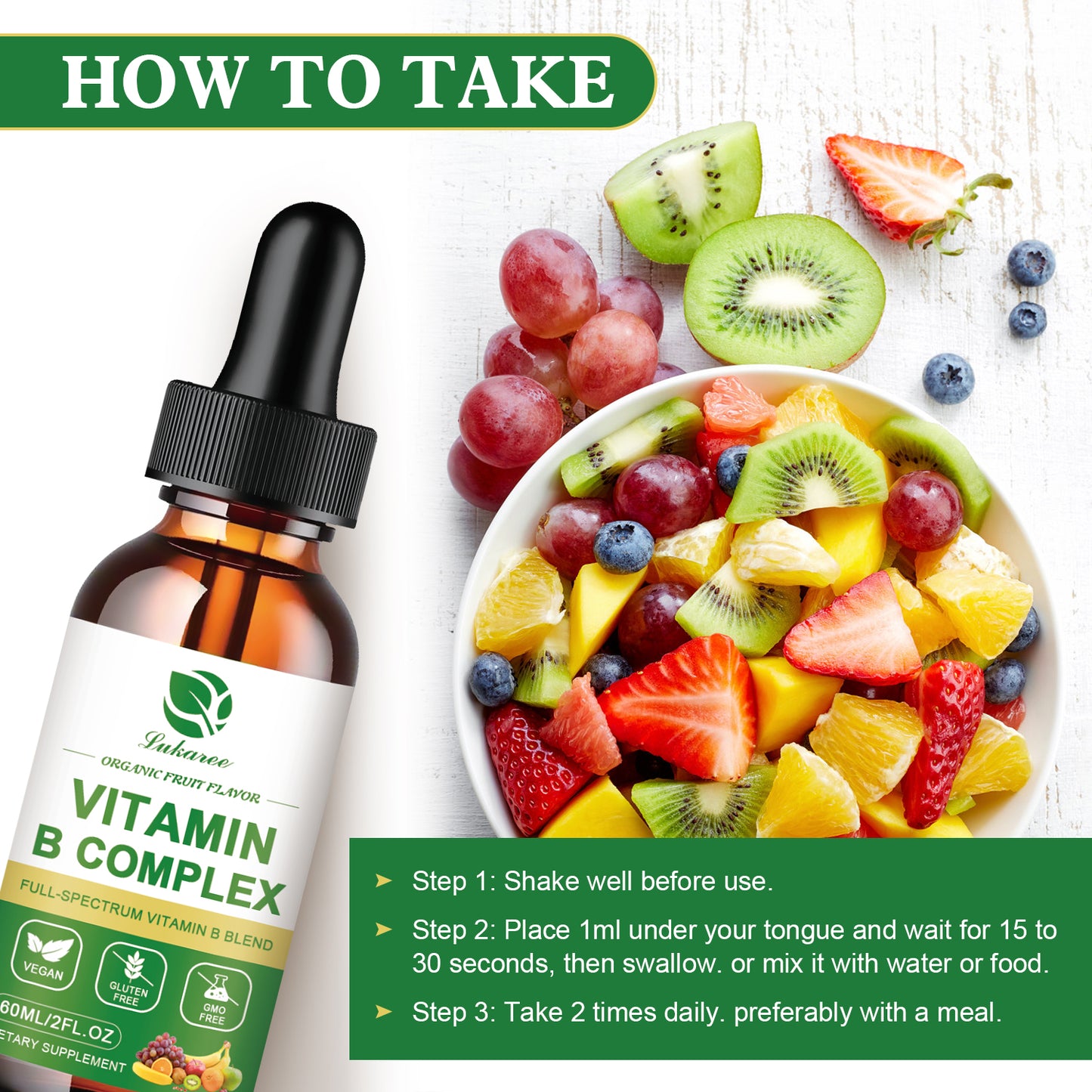 Vitamin B Complex Liquid Drops, Sublingual B Complex Vitamin Supplement for Men, Women, Vegan, Best for Healthy Hair Skin Nails, Include B3, B6, B7, B9, B12, Non-GMO, Gluten Free, 2 Fl Oz