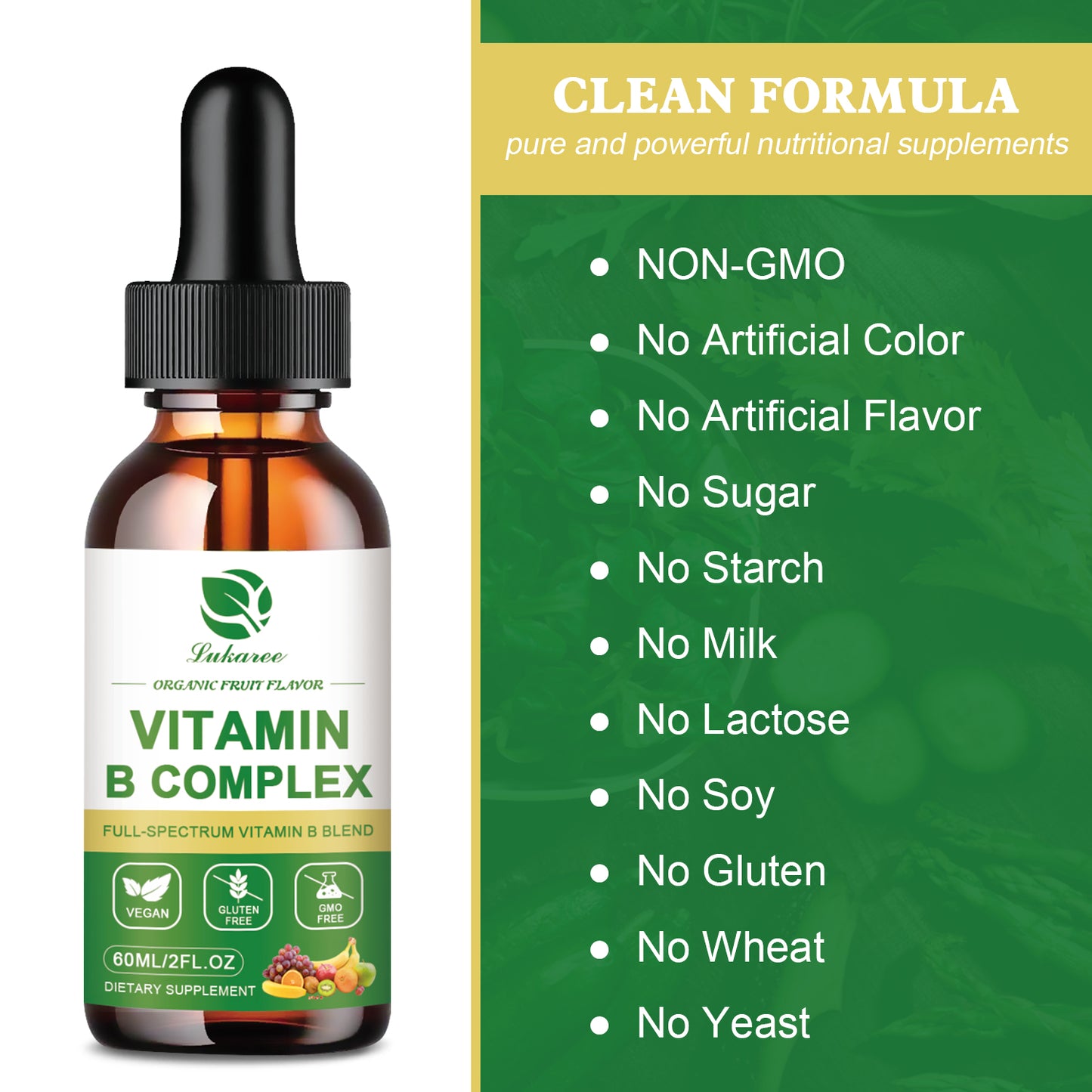 Vitamin B Complex Liquid Drops, Sublingual B Complex Vitamin Supplement for Men, Women, Vegan, Best for Healthy Hair Skin Nails, Include B3, B6, B7, B9, B12, Non-GMO, Gluten Free, 2 Fl Oz