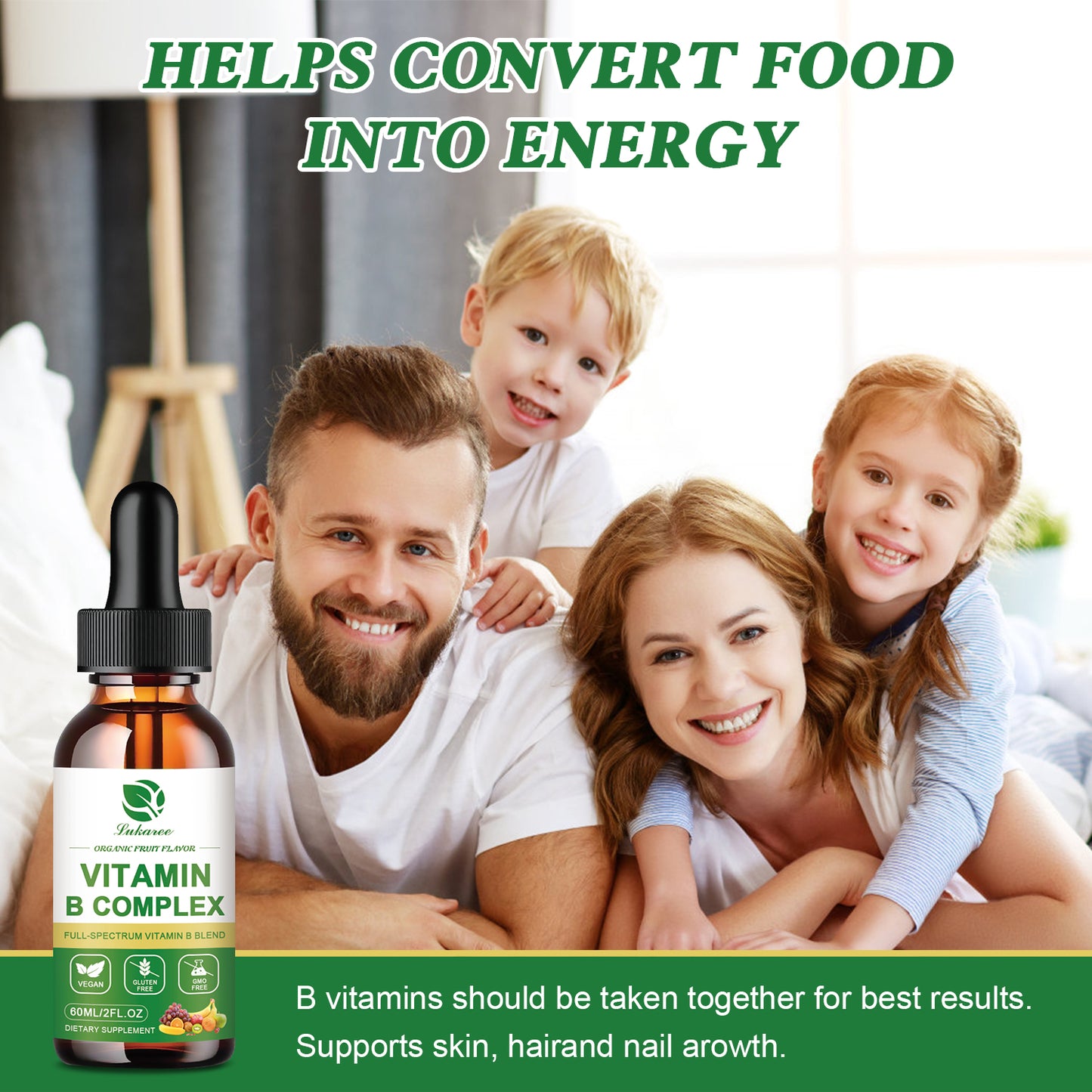 Vitamin B Complex Liquid Drops, Sublingual B Complex Vitamin Supplement for Men, Women, Vegan, Best for Healthy Hair Skin Nails, Include B3, B6, B7, B9, B12, Non-GMO, Gluten Free, 2 Fl Oz
