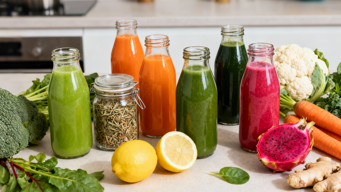 Row of "detox" and "cleanse" products on display.