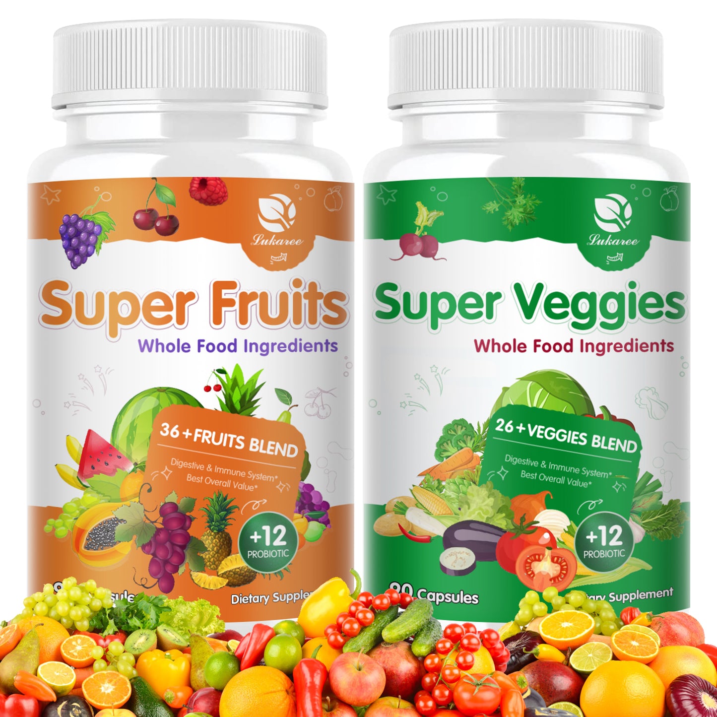 Fruits and Veggies Supplement with Probiotics - 90 Fruit and 90 Veggie Capsules with 120+ Vitamins and Minerals - Supports Energy Levels & Antioxidant - Vegan Friendly-Made 90 Count (Pack of 2)