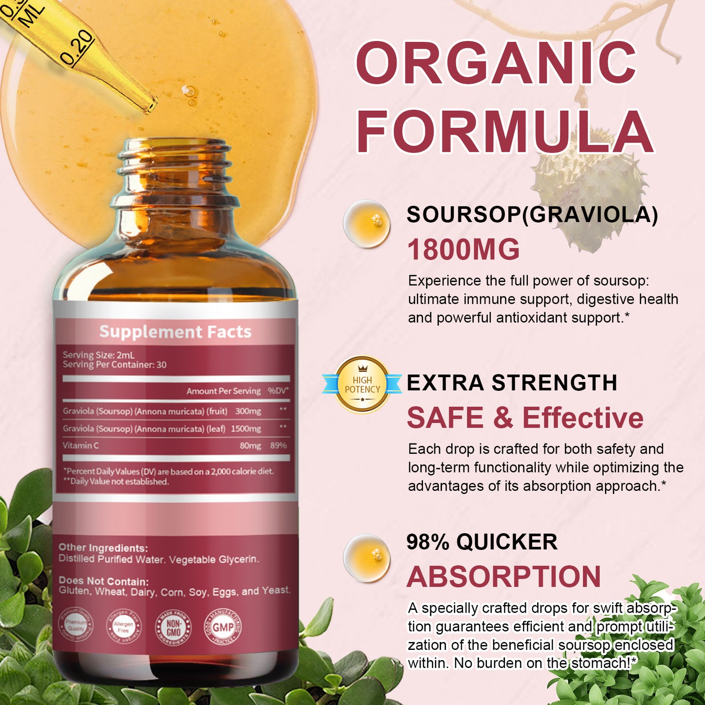 (2 Pack) Soursop Graviola Liquid Drops 1800mg, Soursop Leaf and Fruit Complex for Cell Support & Regeneration, Immune Boost, Relax, Zzz & Antioxidant - Soursop Bitters Liquid, 2 Month Supply, 2 Fl Oz