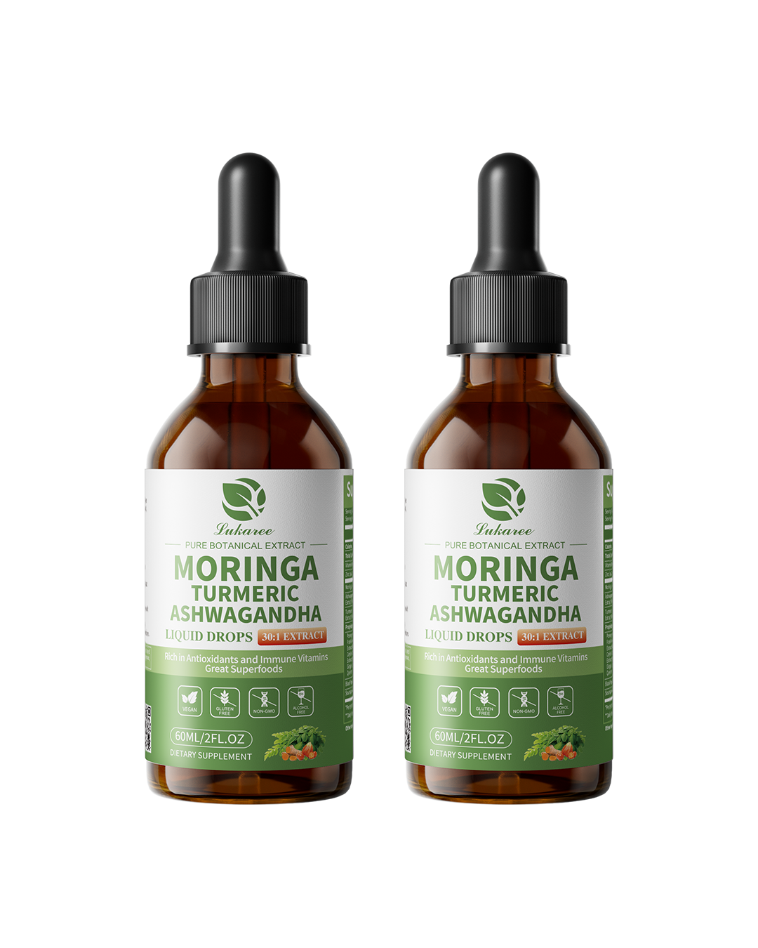 2-Pack Lukaree 12-in-1 Liposomal Moringa Leaf Drops | Super food Energy & Immunity Support（60-Day-Supply）