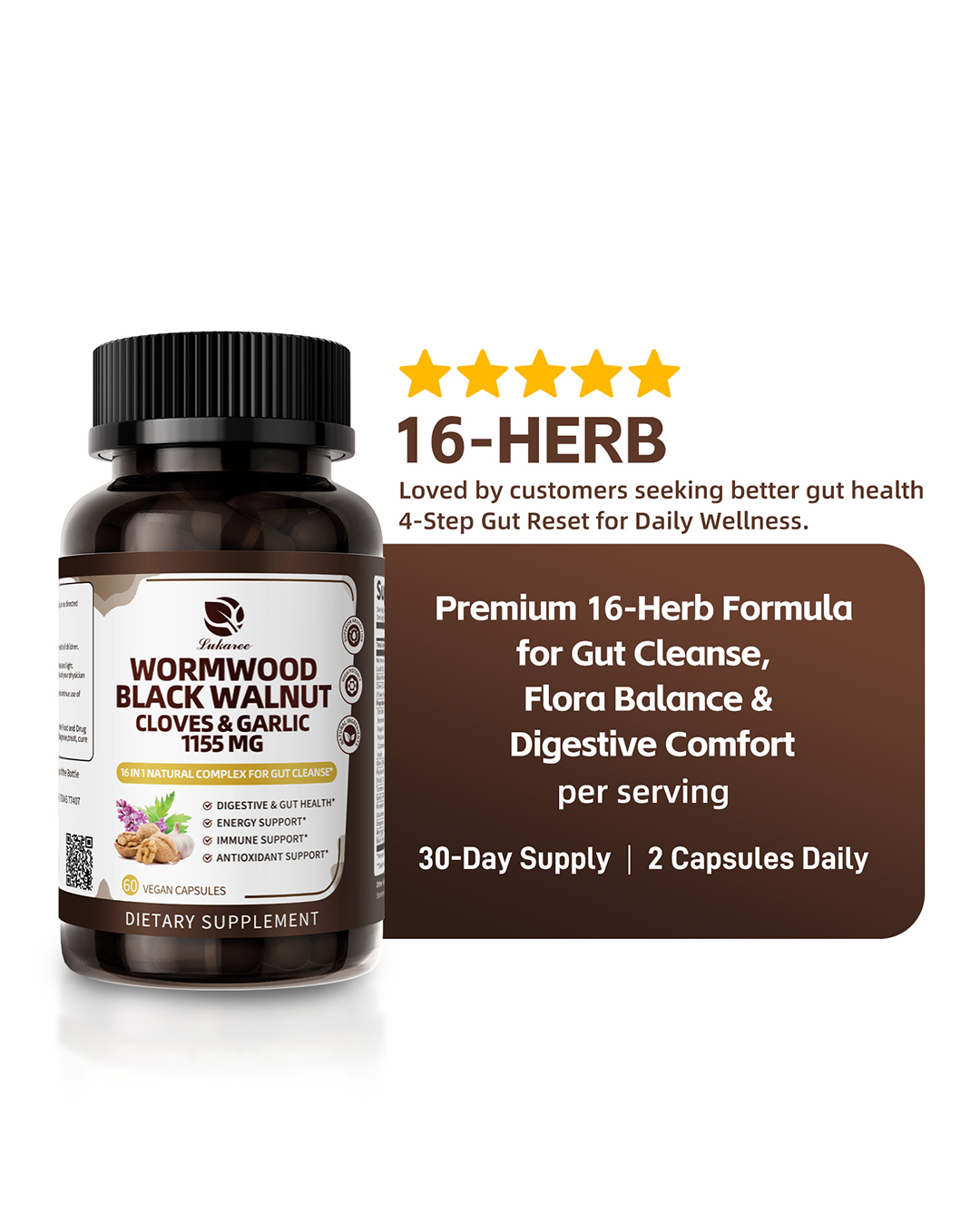 Lukaree 16-in-1 Wormwood & Black Walnut Capsules | Gut Cleanse, Detox & Digestive Health Support – 1155mg