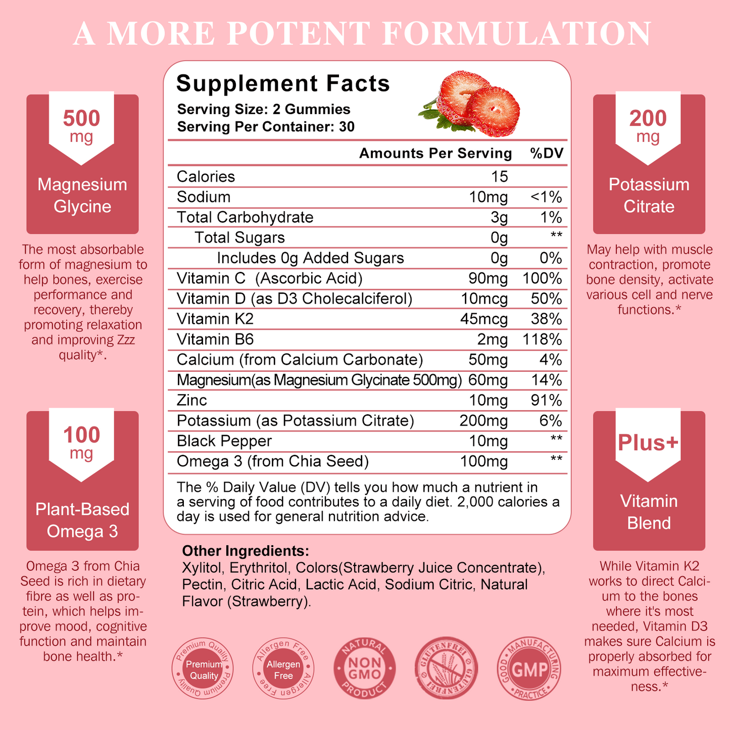 Potassium Magnesium Gummies - High Absorption Magnesium Glycinate 500mg & Potassium Citrate 200mg Plus Omega 3, B6, D3, K2 & Calcium - Chewable Gummy for Leg Cramps, Calm Mood & Energy - 60 Count