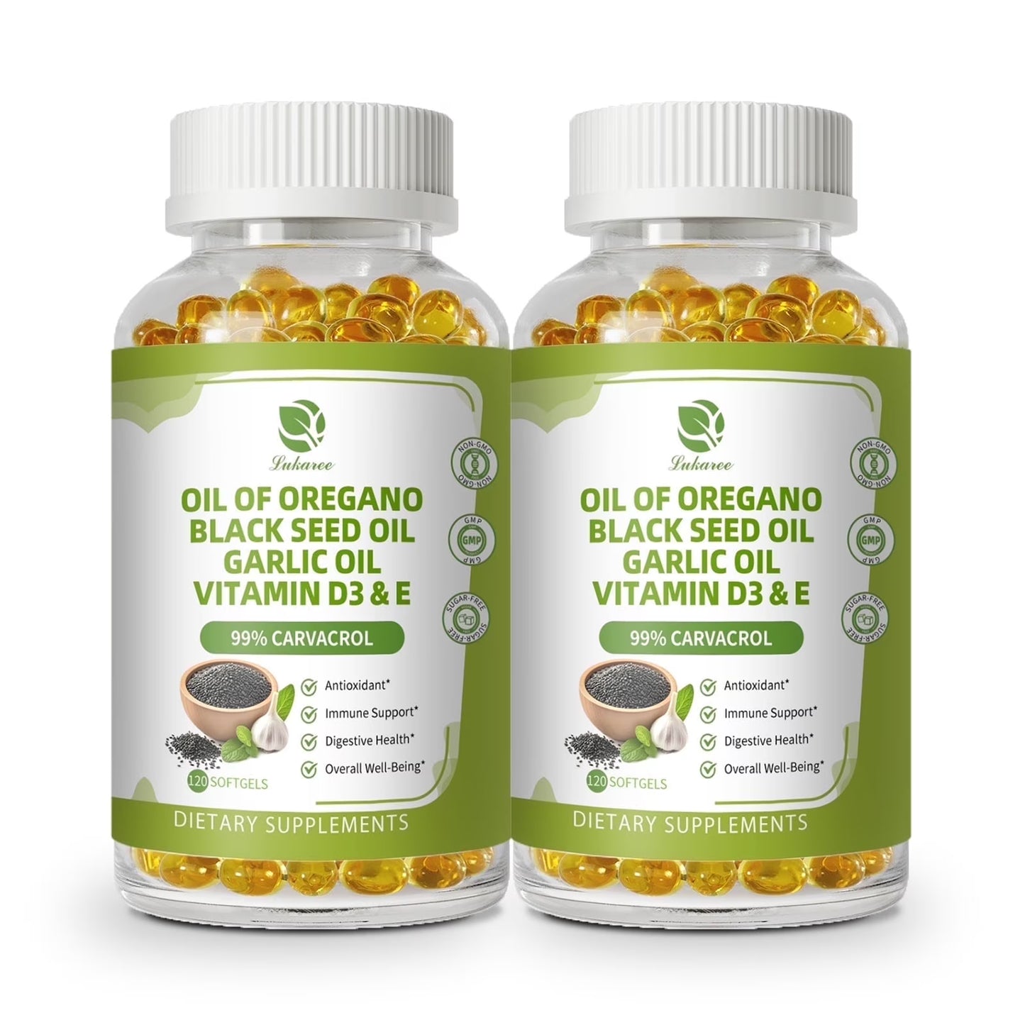(2 Pack)Oregano Oil Softgels, Oil of Oregano with Black Seed Oil, Garlic Oil, Vitamin D3 E for Immune Digestive Support, Bone Health