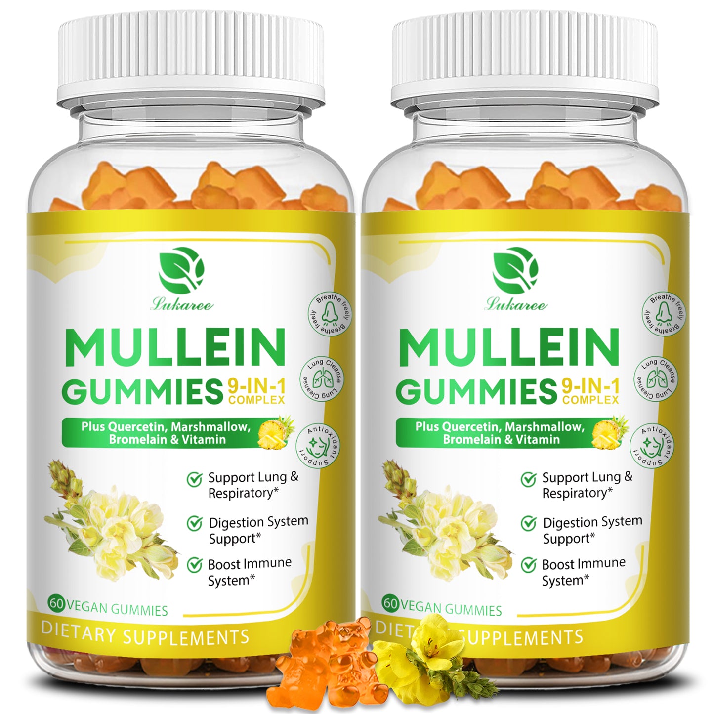 9 in 1 Mullein Gummies for Lung Cleanse, Mullein Leaf Extract with Quercetin, Bromelain, Elderberry & Marshmallow for Respiratory & Immune | 120 Vegan Count (2-Pack)