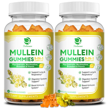 9 in 1 Mullein Gummies for Lung Cleanse, Mullein Leaf Extract with Quercetin, Bromelain, Elderberry & Marshmallow for Respiratory & Immune | 120 Vegan Count (2-Pack)